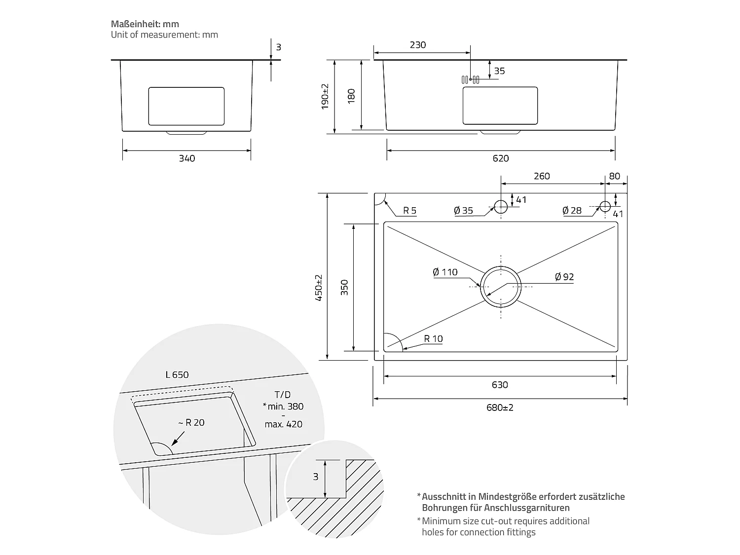 Fregadero de cocina de un seno 68x45 cm lavabo antracita con desagüe/escurridor
