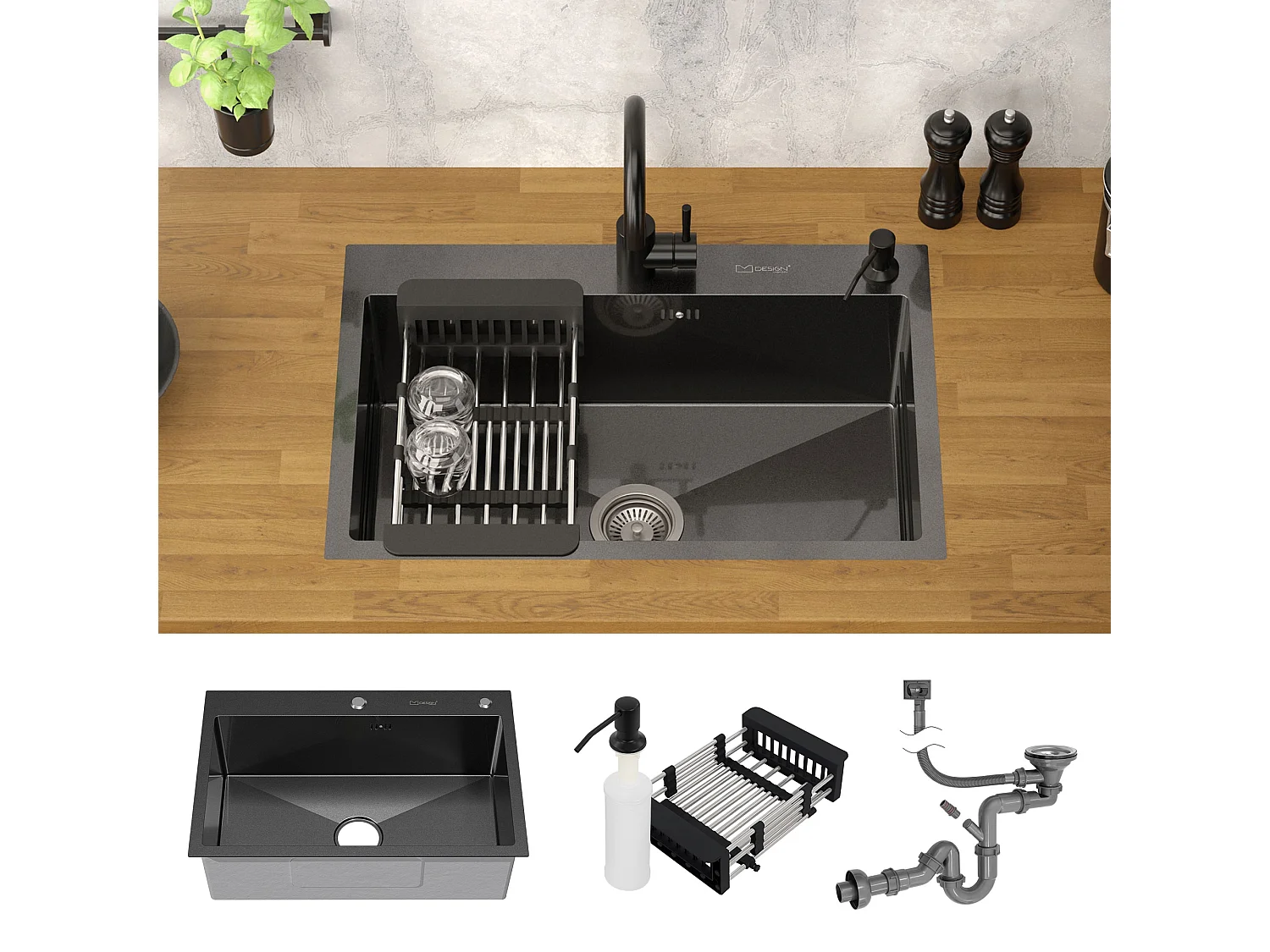 Fregadero de cocina de un seno 68x45 cm lavabo antracita con desagüe/escurridor