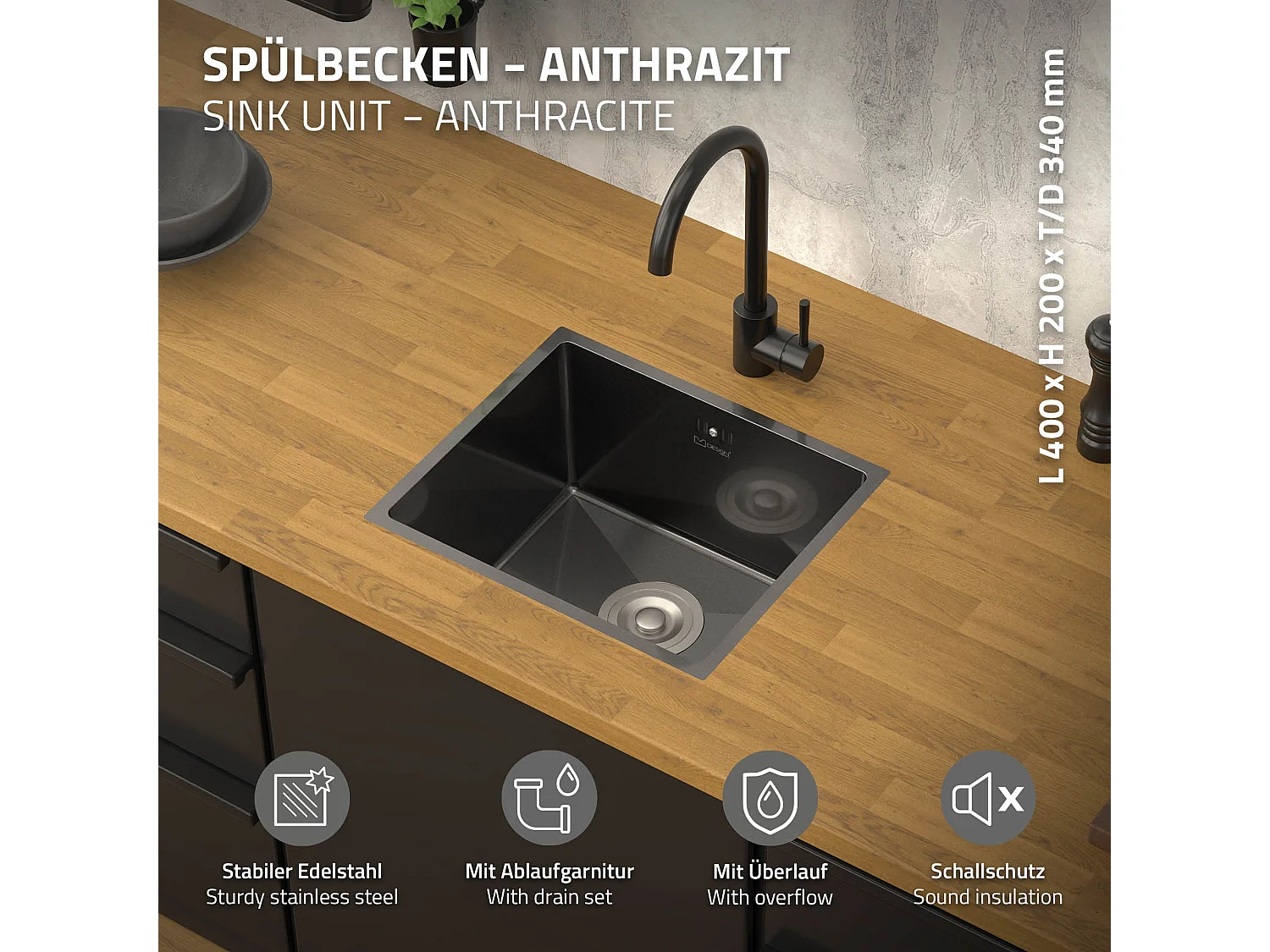 Évier de cuisine en acier inoxydable à encastrer anthracite avec vidage 40x34 cm