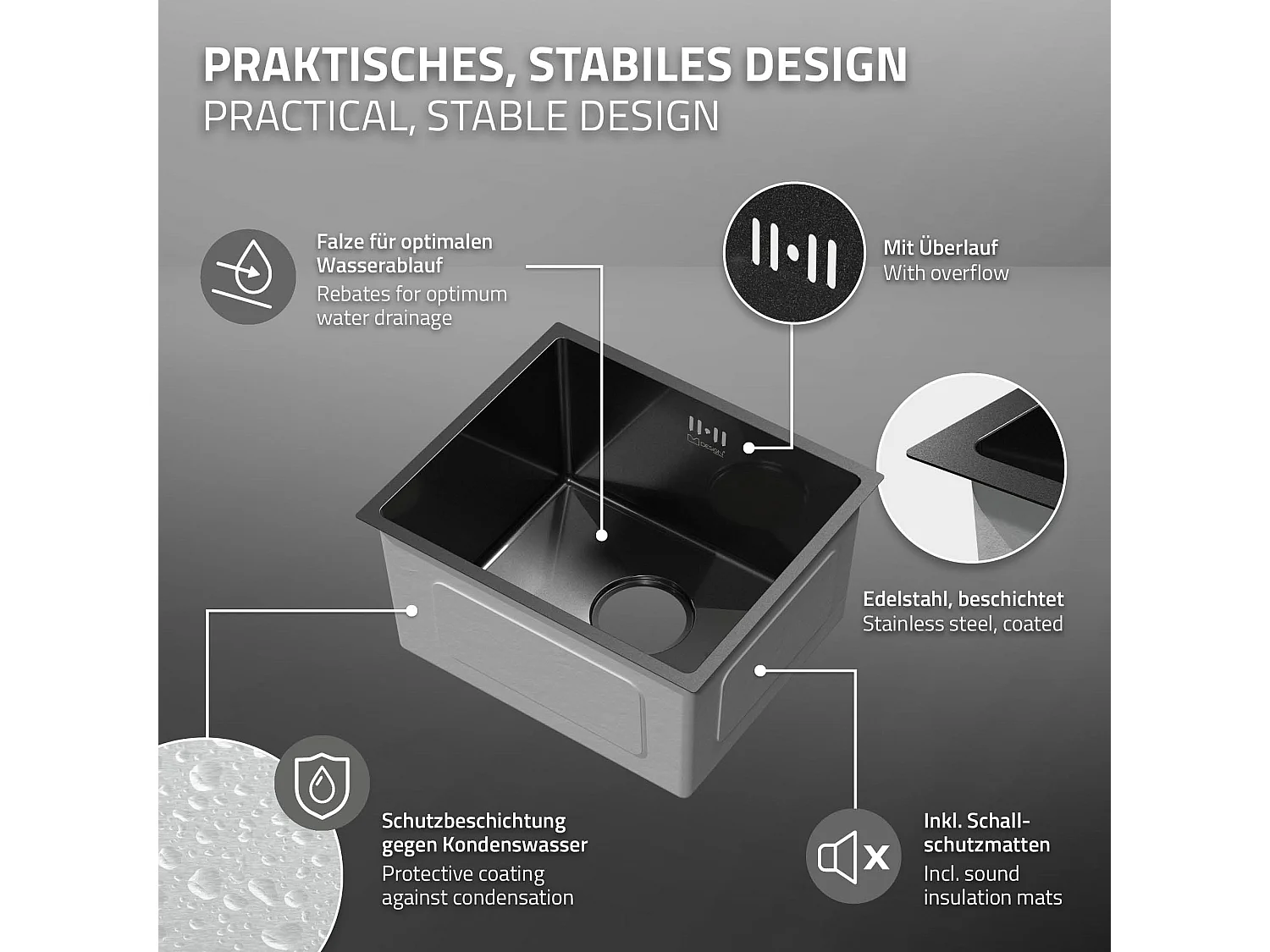 Évier de cuisine en acier inoxydable à encastrer anthracite avec vidage 40x34 cm