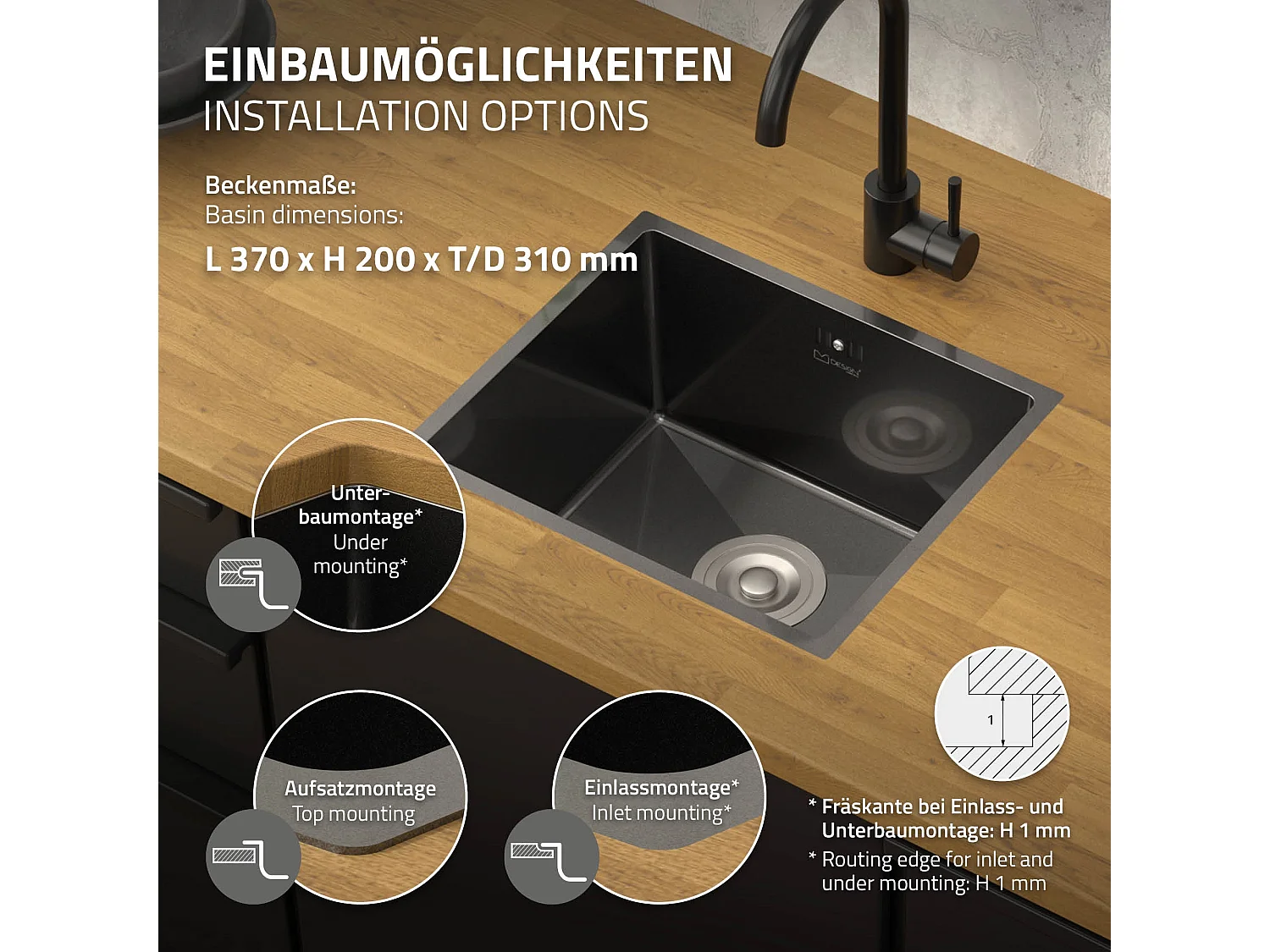 Fregadero de cocina de un seno 34x40cm antracita lavabo con desagüe y rebosadero