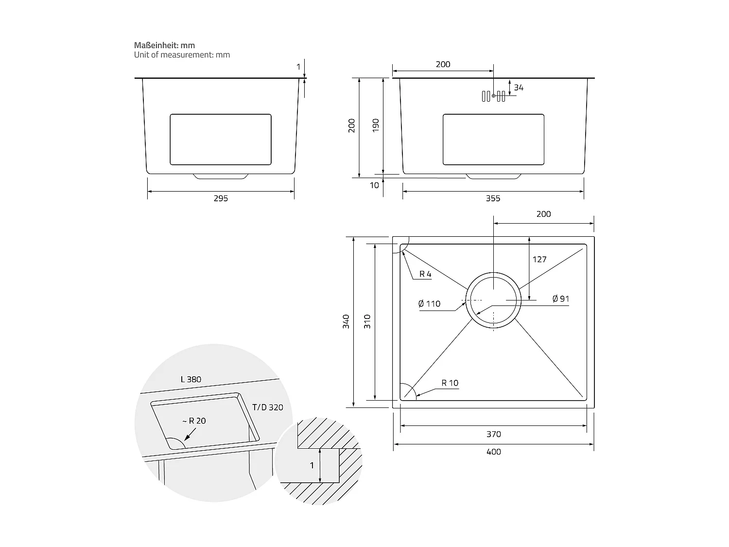 Fregadero de cocina de un seno 34x40cm antracita lavabo con desagüe y rebosadero