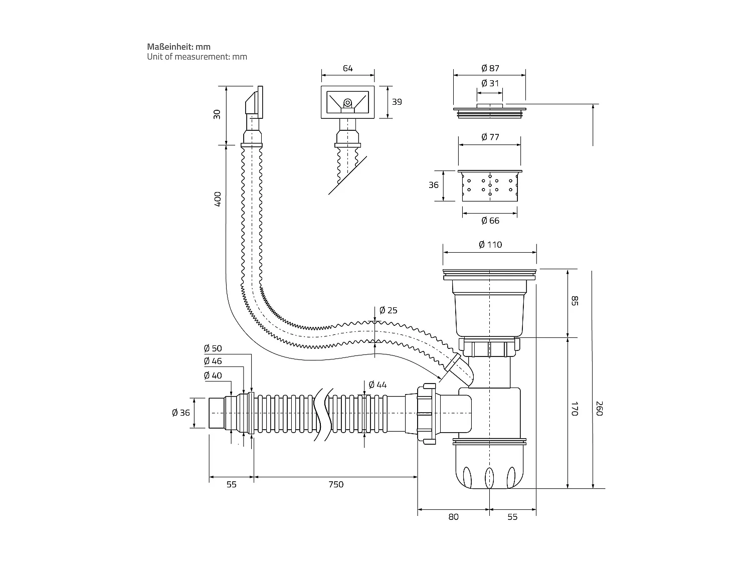 Fregadero de cocina de un seno 34x40cm antracita lavabo con desagüe y rebosadero