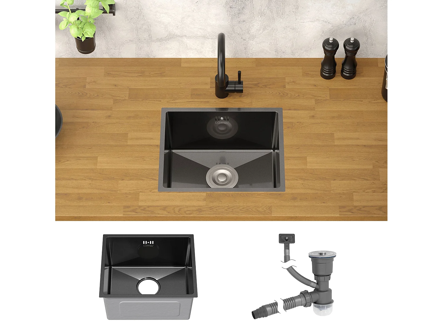 Fregadero de cocina de un seno 34x40cm antracita lavabo con desagüe y rebosadero