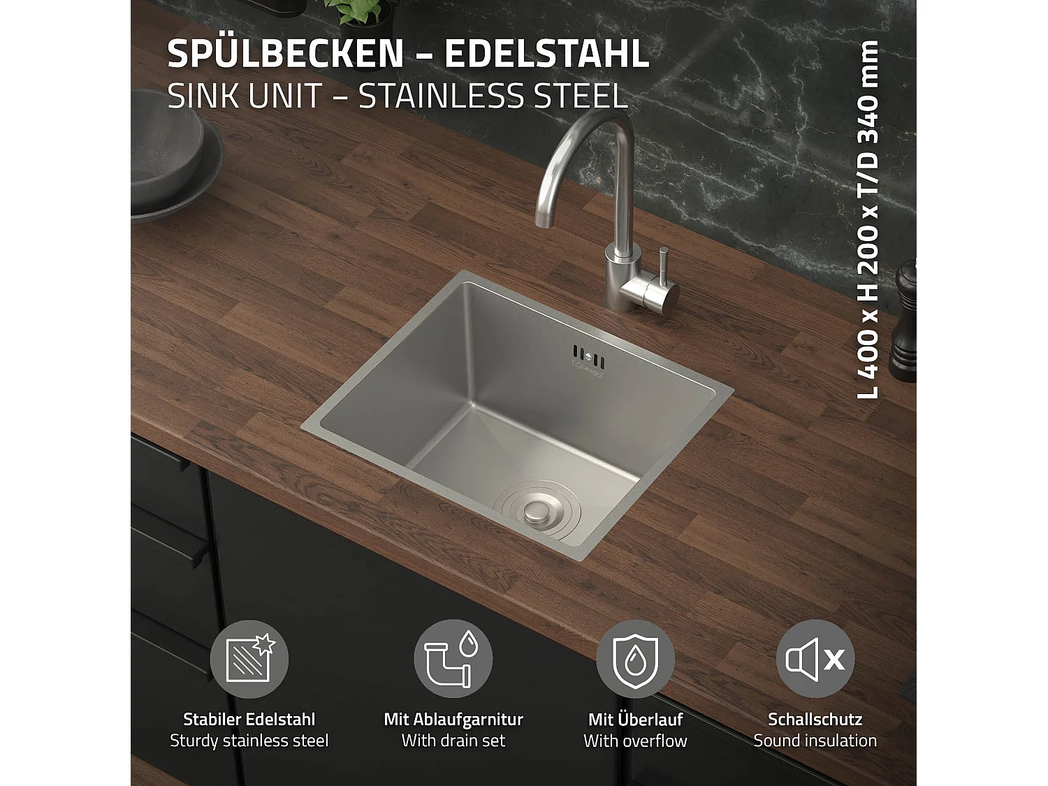 Évier de cuisine en acier inoxydable à encastrer argenté avec vidage 40x34 cm