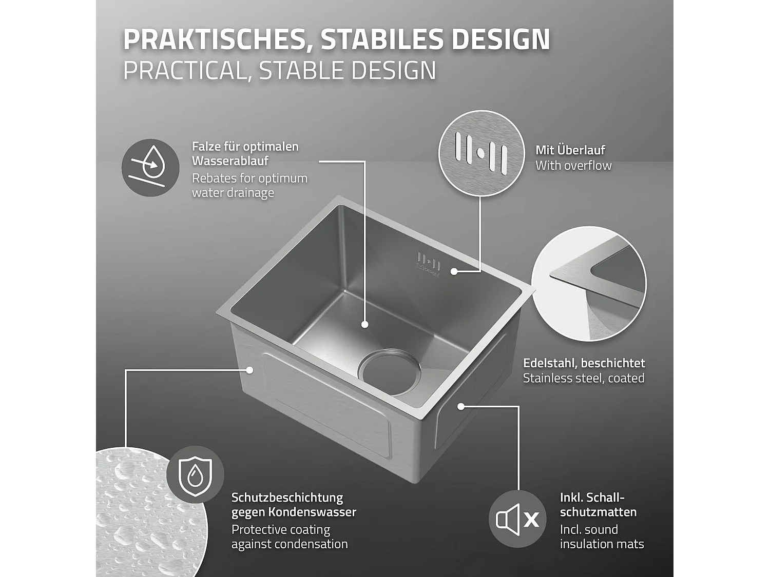 Évier de cuisine en acier inoxydable à encastrer argenté avec vidage 40x34 cm