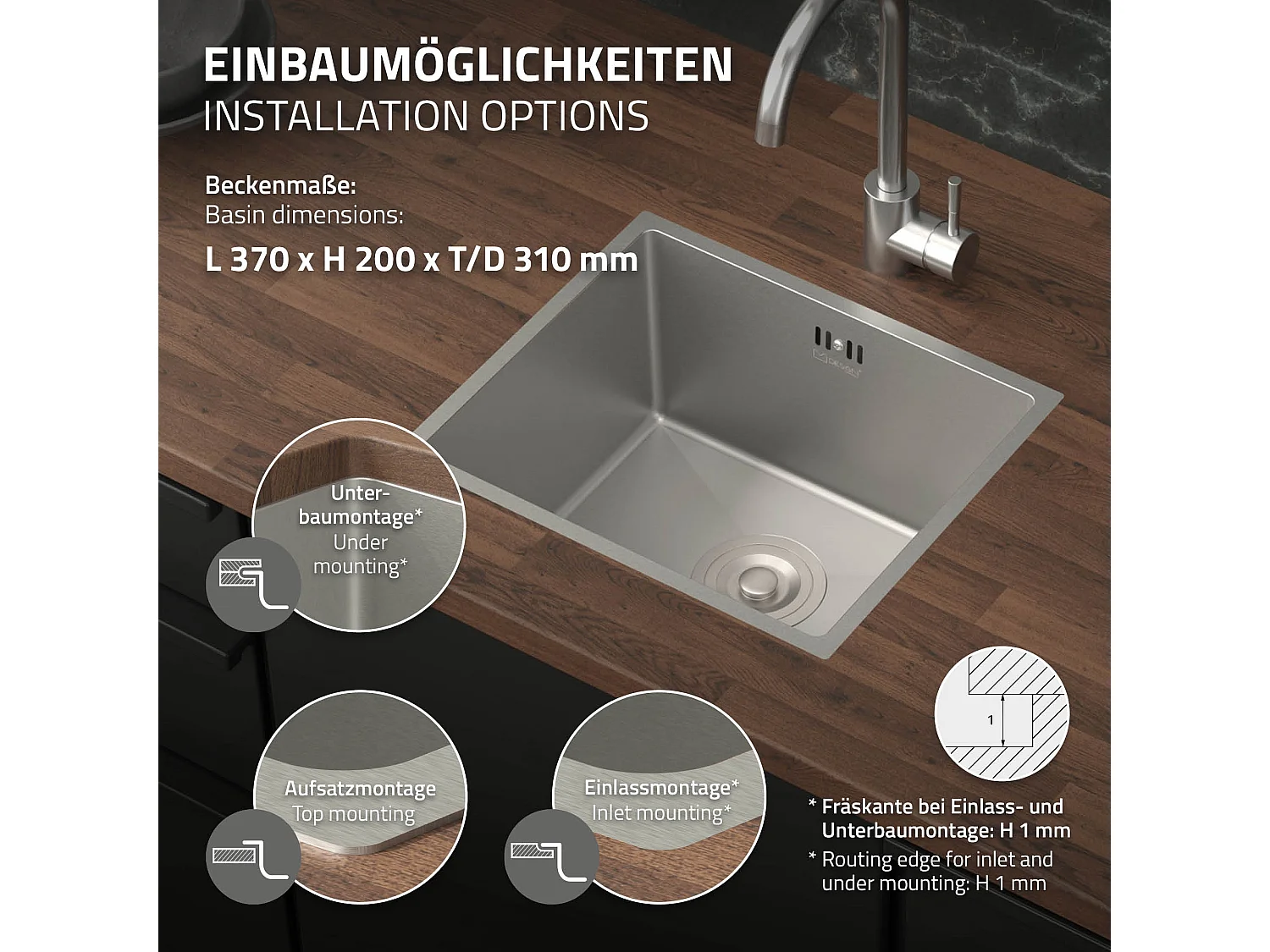 Évier de cuisine en acier inoxydable à encastrer argenté avec vidage 40x34 cm