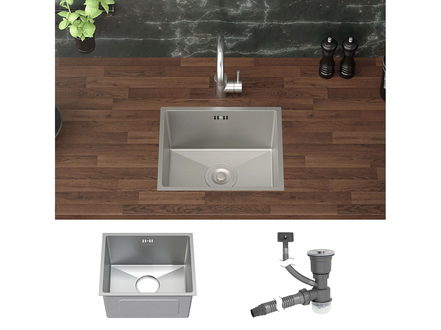 Évier de cuisine en acier inoxydable à encastrer argenté avec vidage 40x34 cm