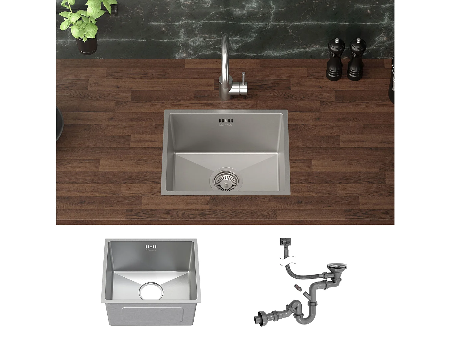 ML-Design Lavello da incasso cucina 40 x 34 cm in acciaio inox argento rettangolare a 1 vasca lavabo sottopiano con piletta troppopieno e sifone