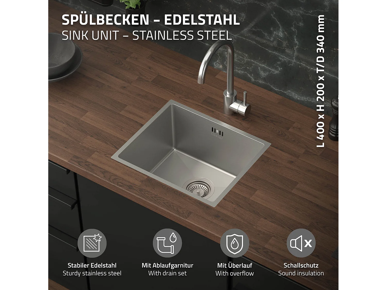 ML-Design Lavello da incasso cucina 40 x 34 cm in acciaio inox argento rettangolare a 1 vasca lavabo sottopiano con piletta troppopieno e sifone