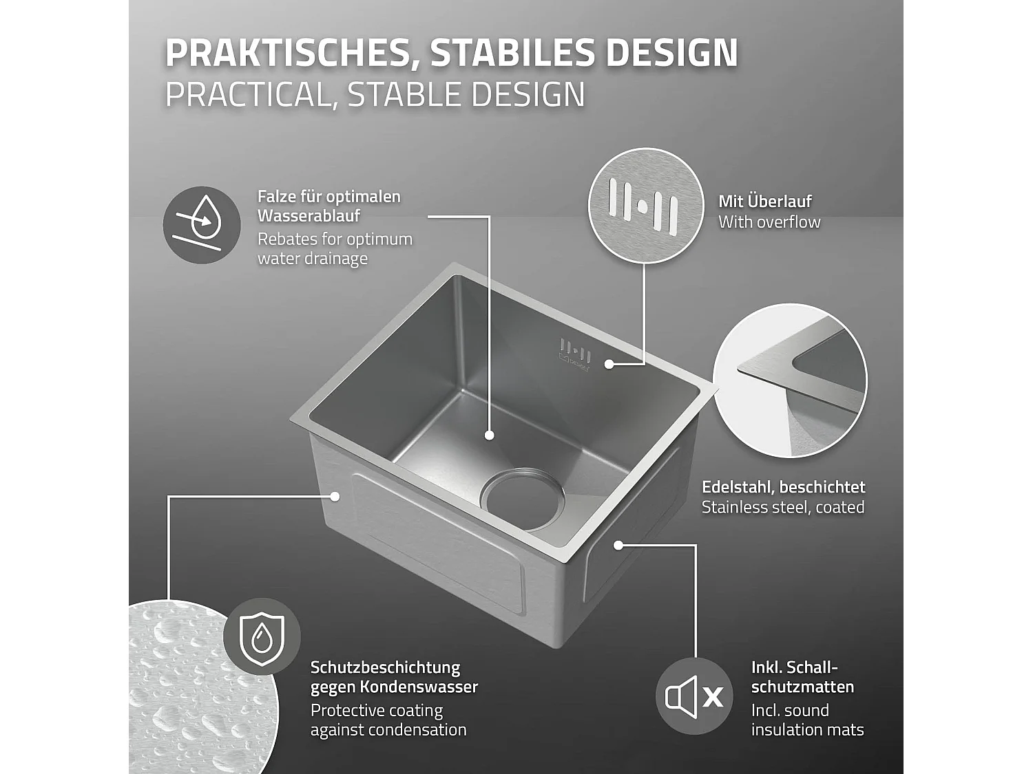 ML-Design Lavello da incasso cucina 40 x 34 cm in acciaio inox argento rettangolare a 1 vasca lavabo sottopiano con piletta troppopieno e sifone