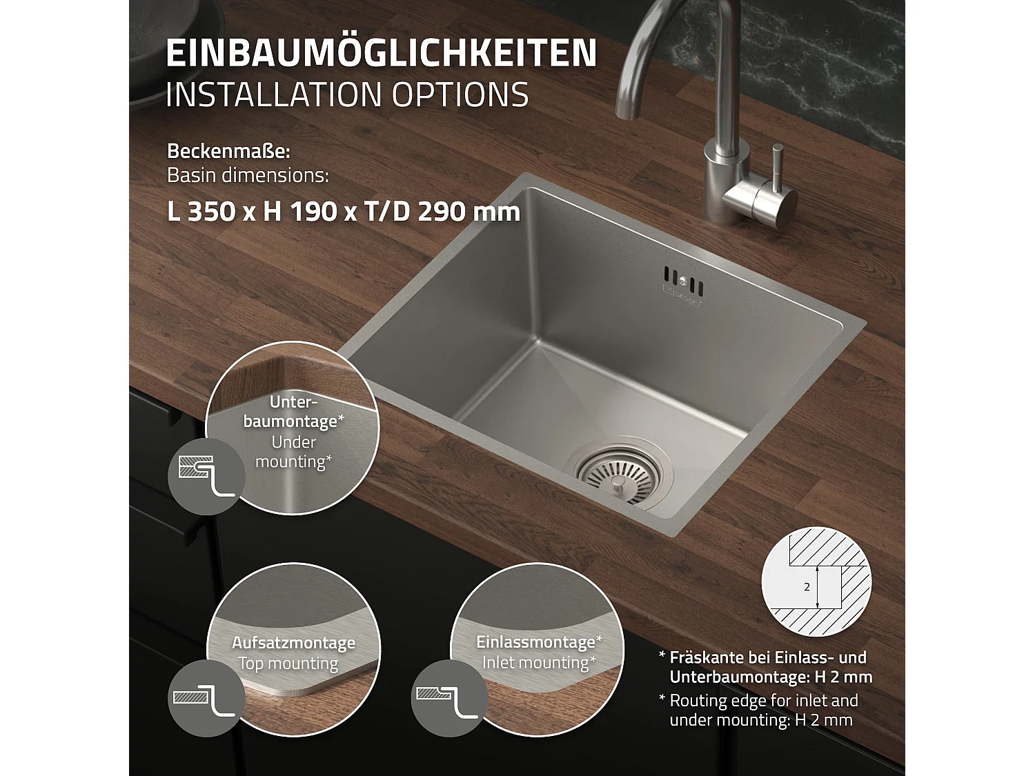 ML-Design Lavello da incasso cucina 40 x 34 cm in acciaio inox argento rettangolare a 1 vasca lavabo sottopiano con piletta troppopieno e sifone