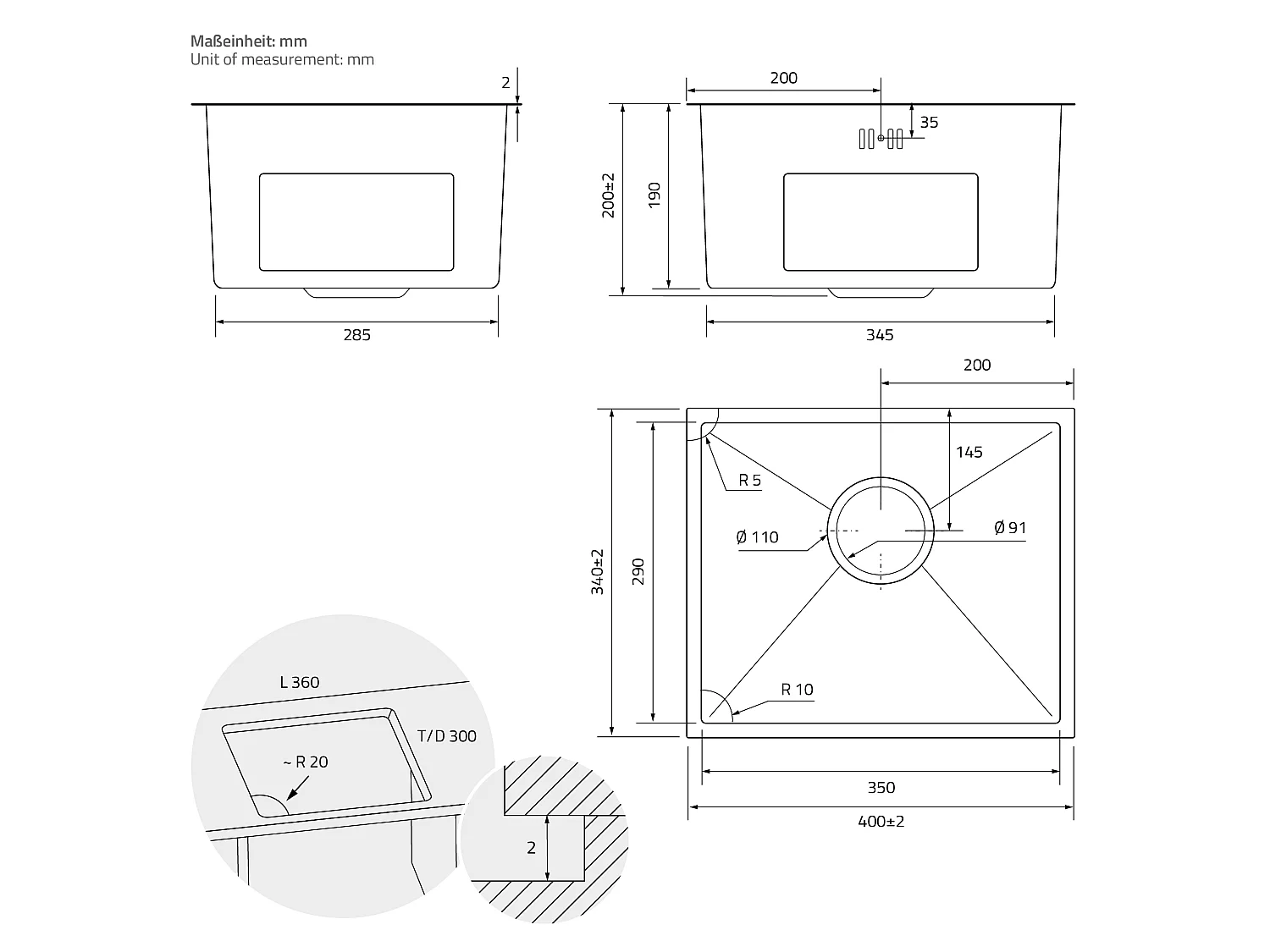 ML-Design Lavello da incasso cucina 40 x 34 cm in acciaio inox argento rettangolare a 1 vasca lavabo sottopiano con piletta troppopieno e sifone