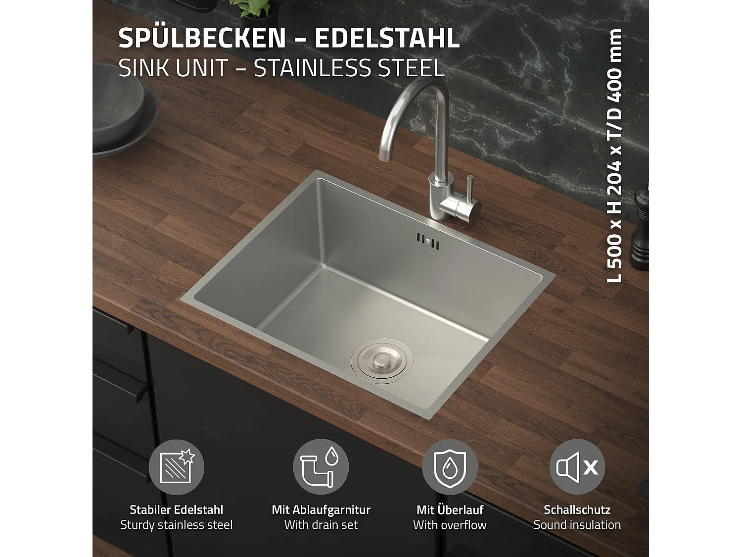 Évier de cuisine en acier inoxydable à encastrer argenté avec vidage 50x40 cm