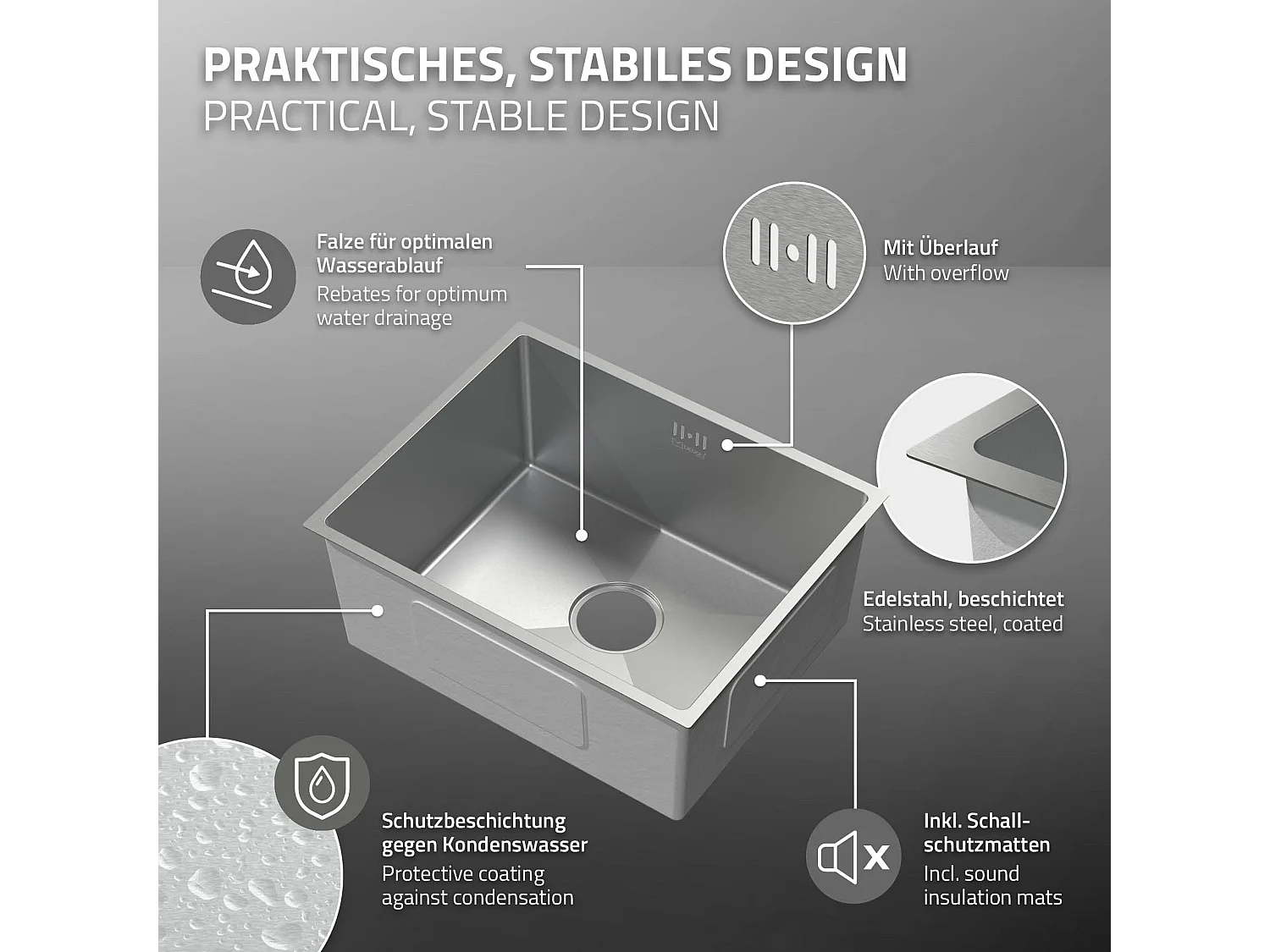 Évier de cuisine en acier inoxydable à encastrer argenté avec vidage 50x40 cm