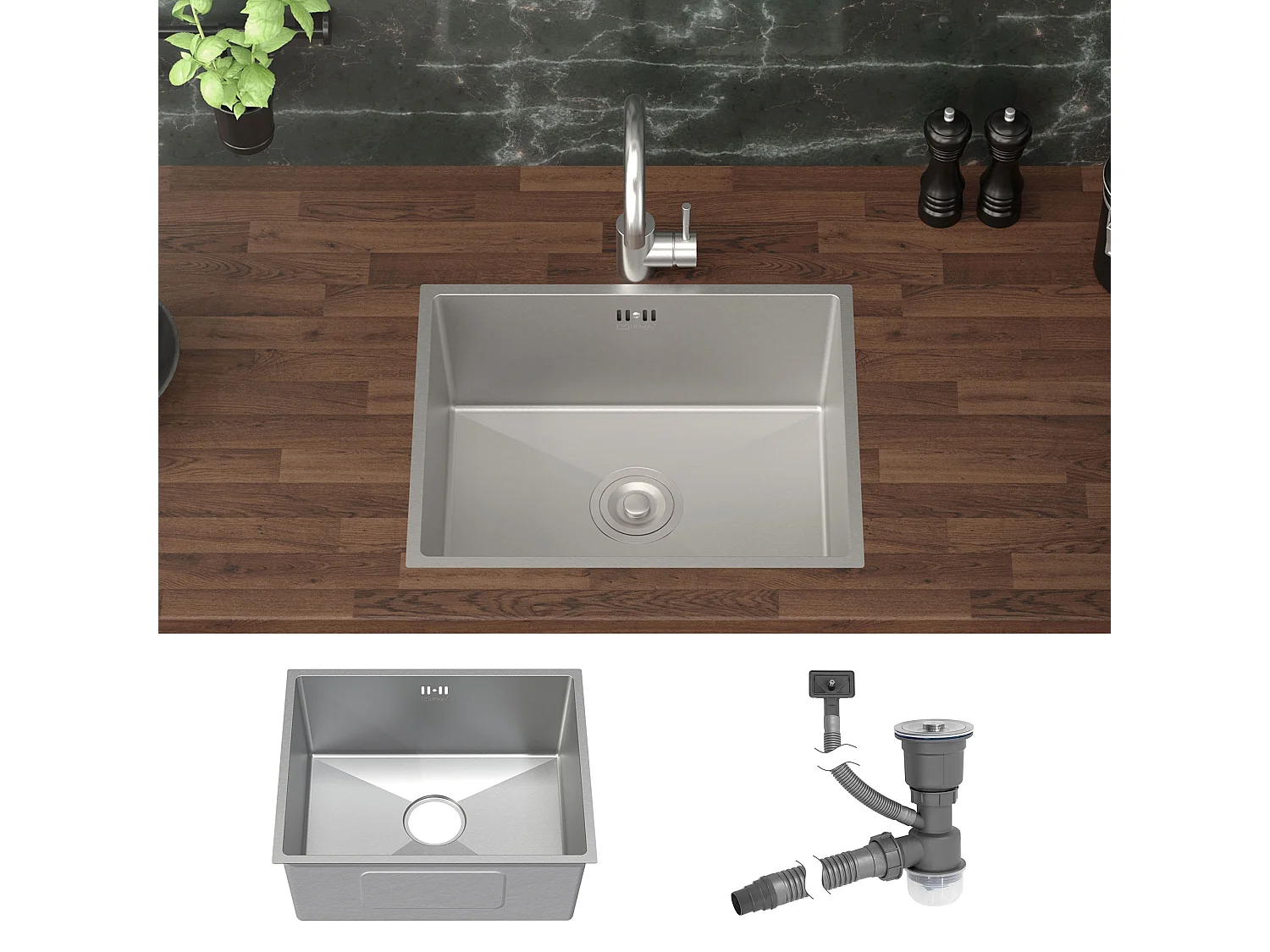 Évier de cuisine en acier inoxydable à encastrer argenté avec vidage 50x40 cm