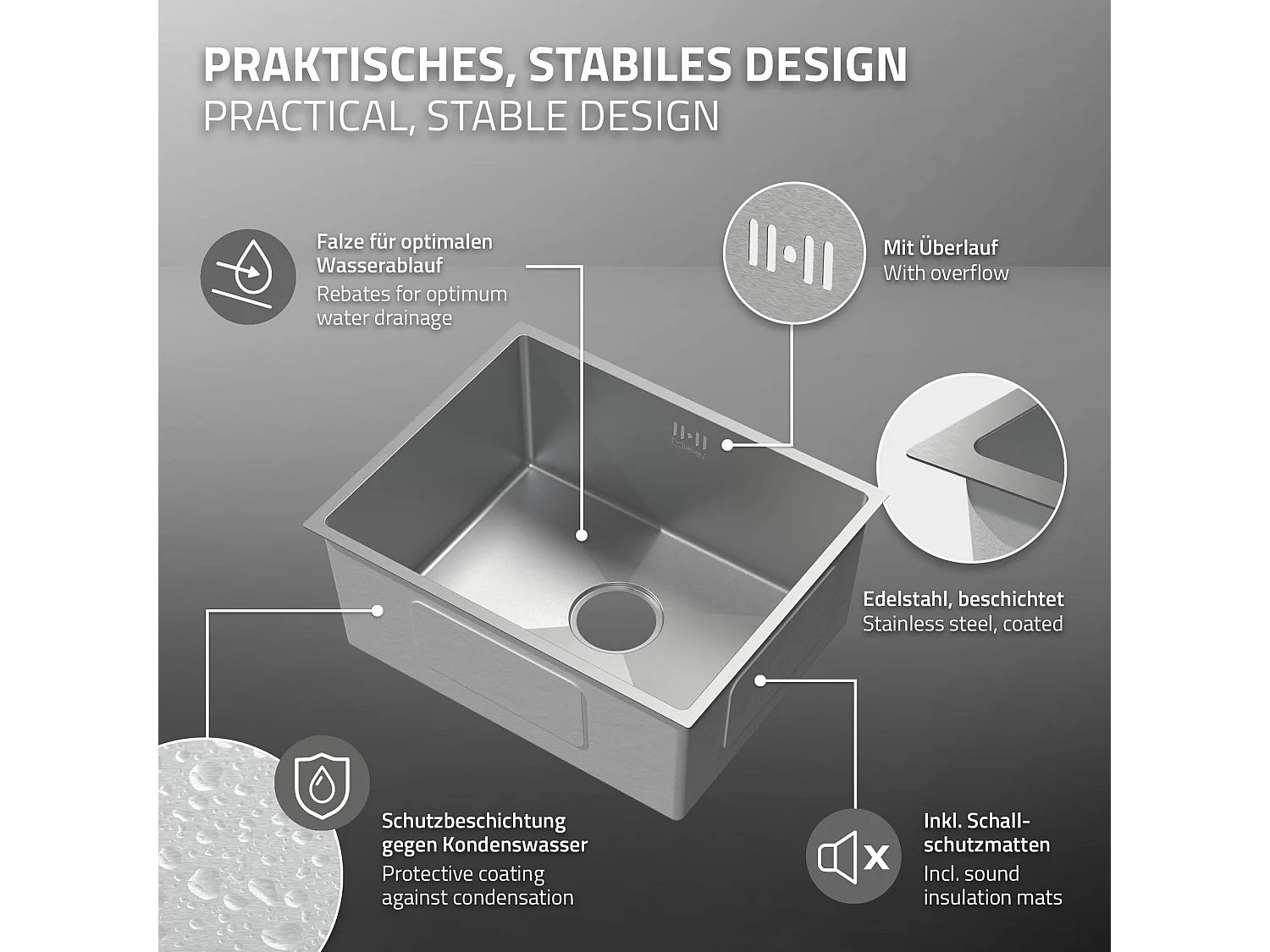 ML-Design Lavello da incasso cucina 50 x 40 cm in acciaio inox argento vasca singola lavabo acquaio sottopiano con piletta di scarico e troppopieno