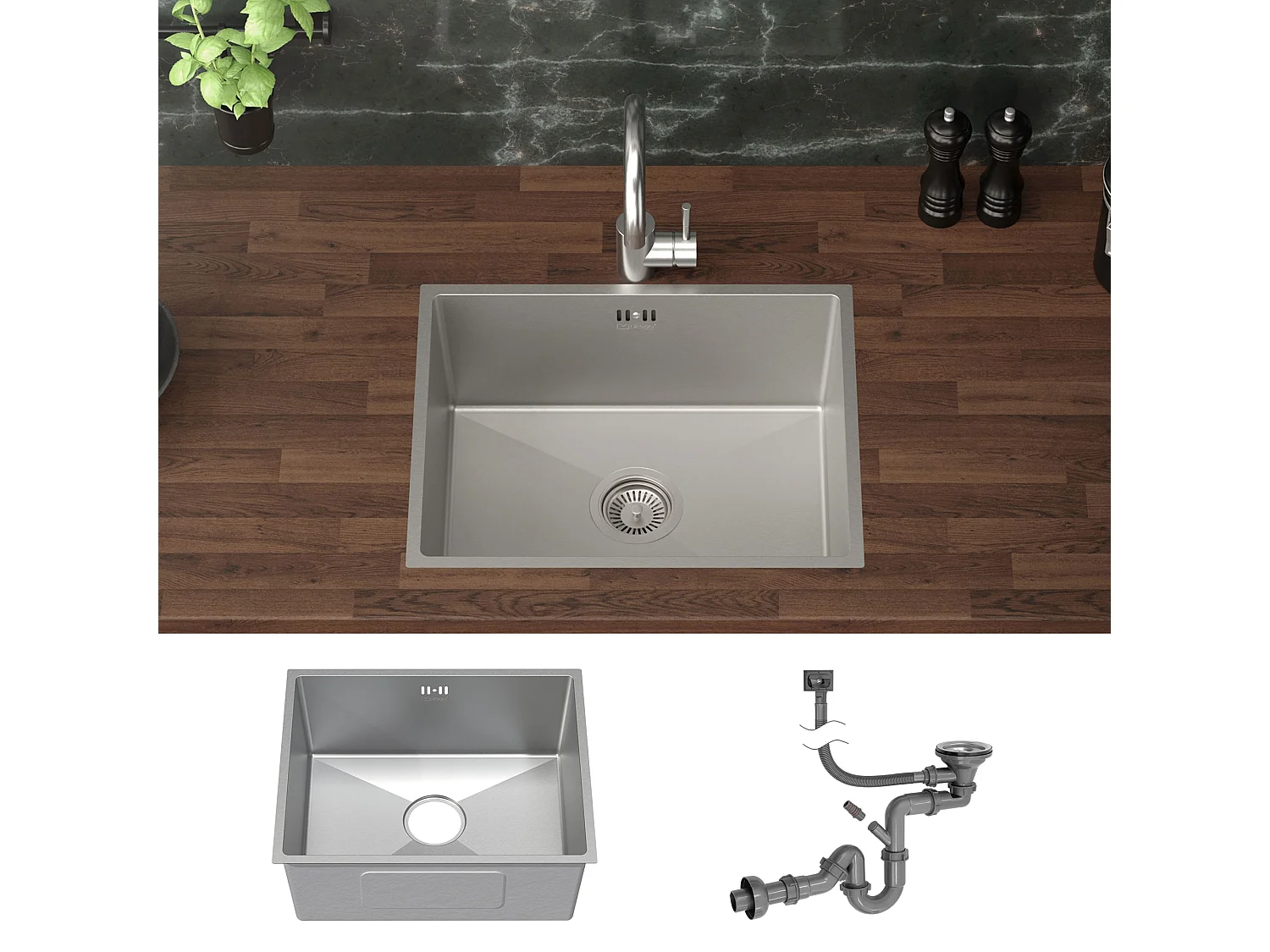 ML-Design Lavello da incasso cucina 50 x 40 cm in acciaio inox argento vasca singola lavabo acquaio sottopiano con piletta di scarico e troppopieno