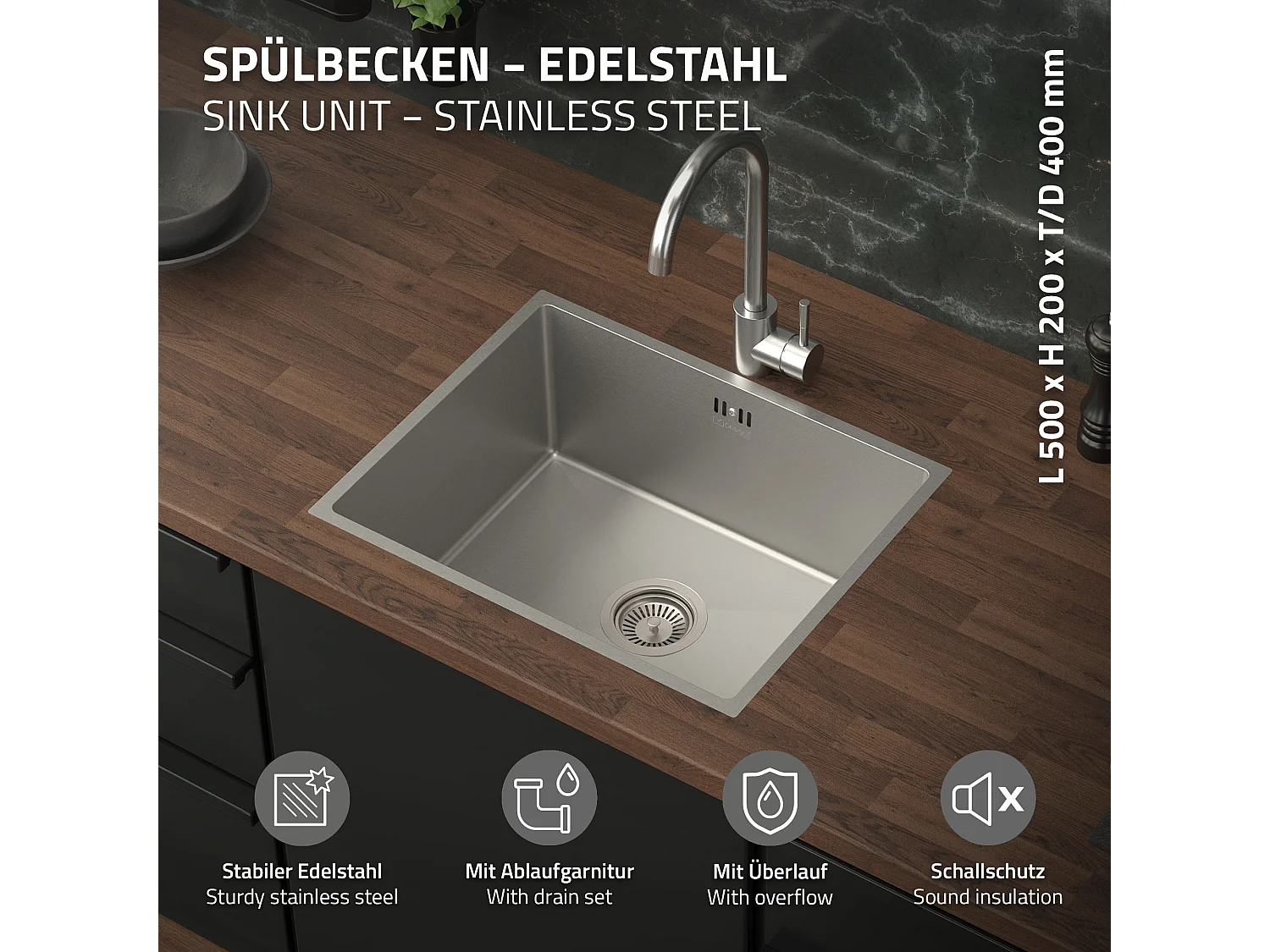 ML-Design Lavello da incasso cucina 50 x 40 cm in acciaio inox argento vasca singola lavabo acquaio sottopiano con piletta di scarico e troppopieno