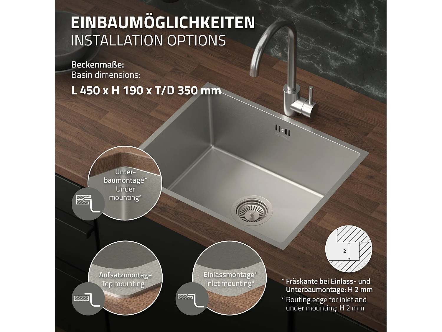 ML-Design Lavello da incasso cucina 50 x 40 cm in acciaio inox argento vasca singola lavabo acquaio sottopiano con piletta di scarico e troppopieno