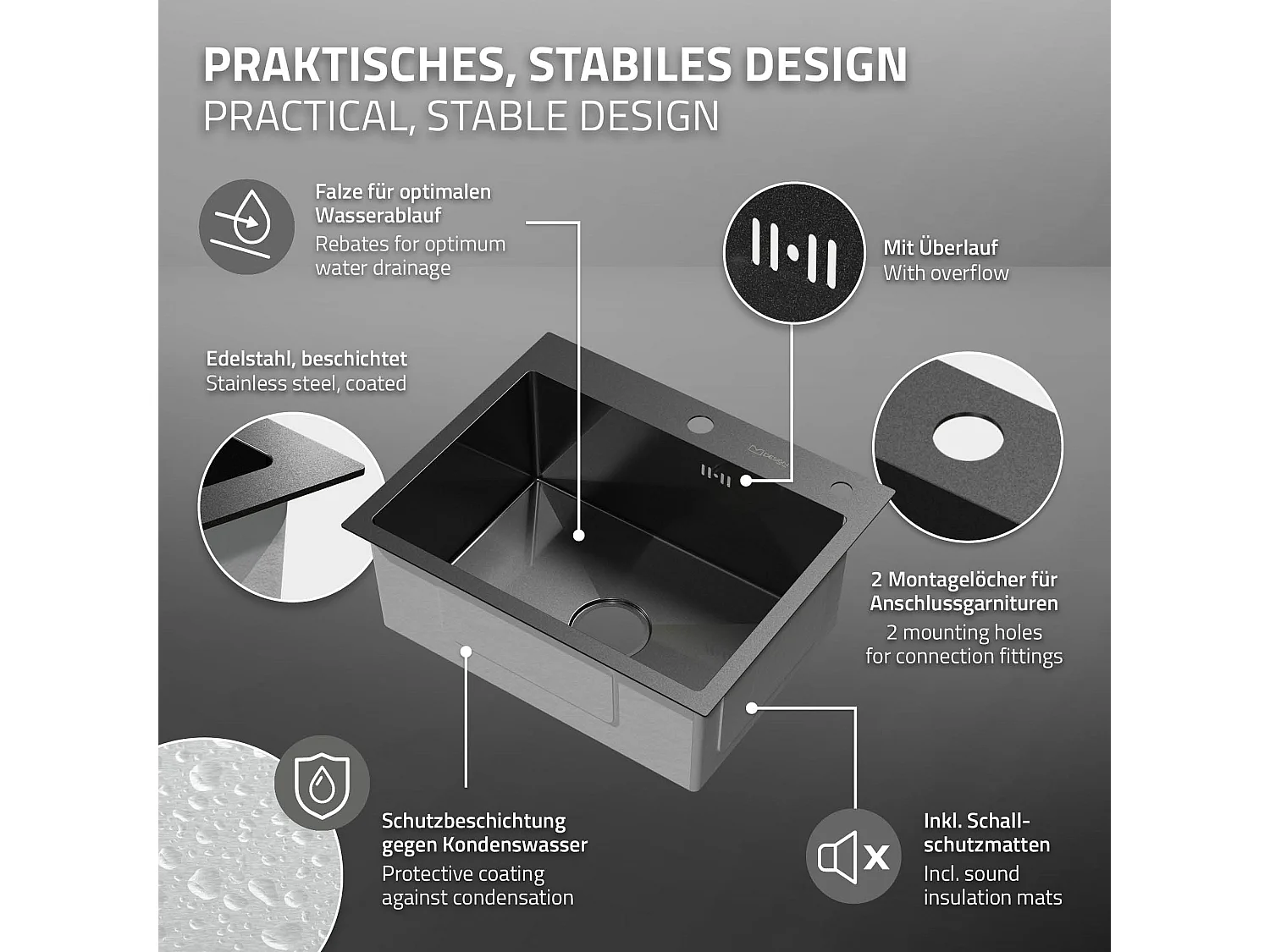 Évier de cuisine à encastrer acier anthracite 55x45 cm vidage+distributeur savon