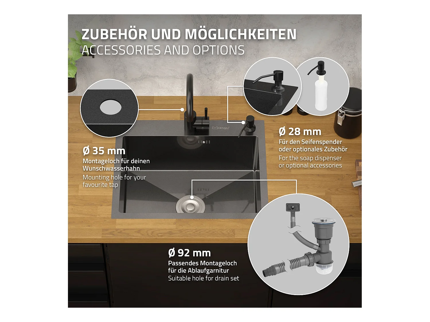 Évier de cuisine à encastrer acier anthracite 55x45 cm vidage+distributeur savon