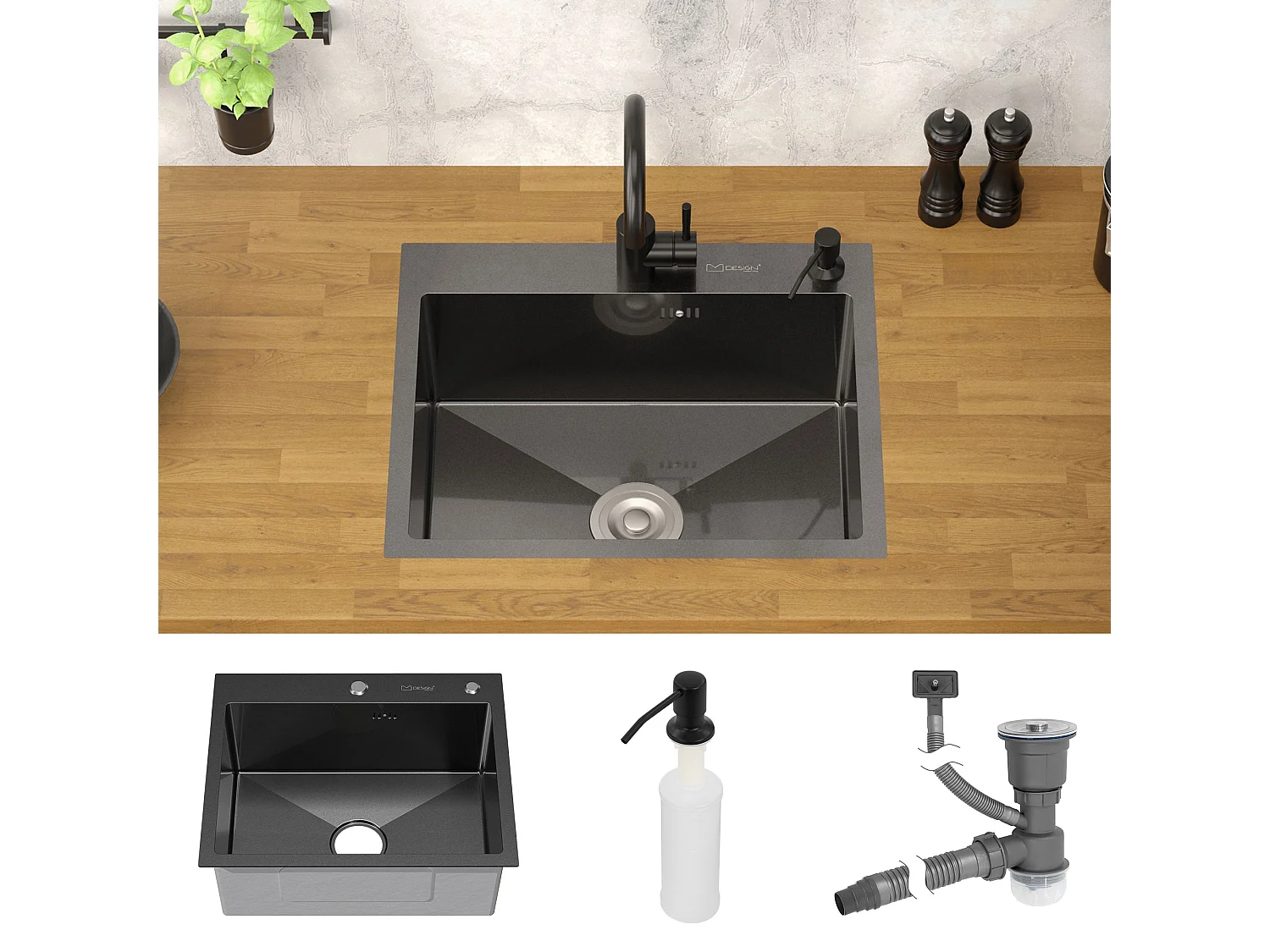 Évier de cuisine à encastrer acier anthracite 55x45 cm vidage+distributeur savon