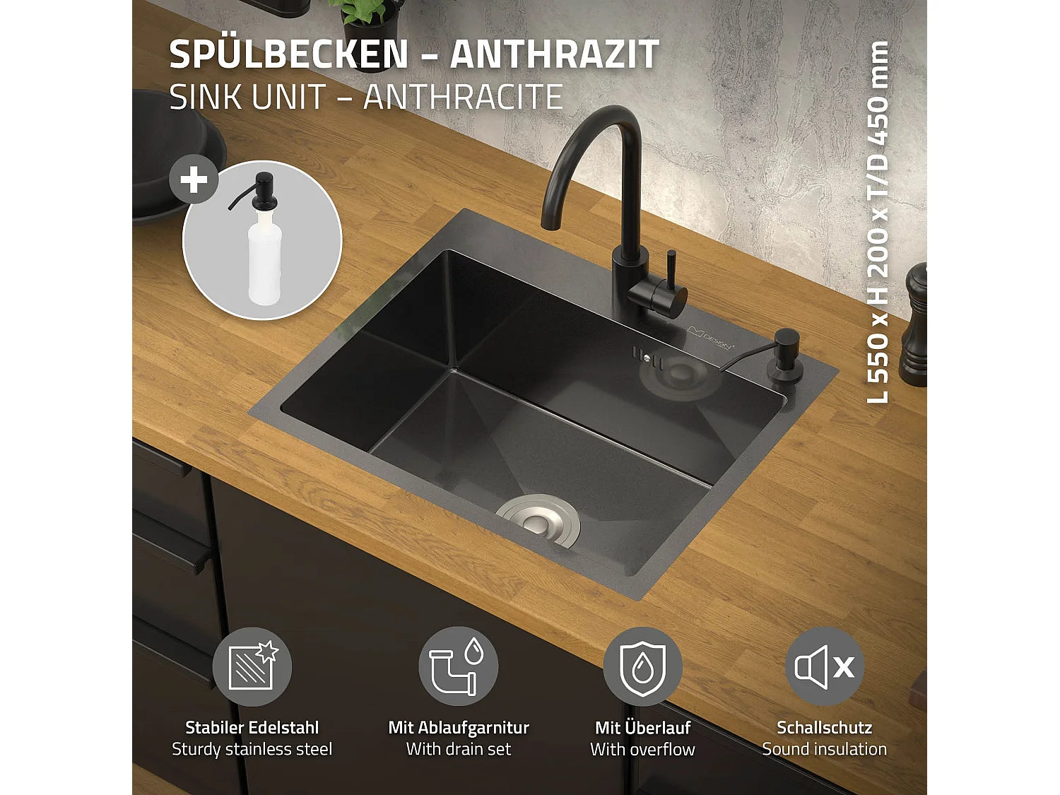 Lavello in acciaio antracite lavabo da incasso cucina dispenser sapone 55x45 cm