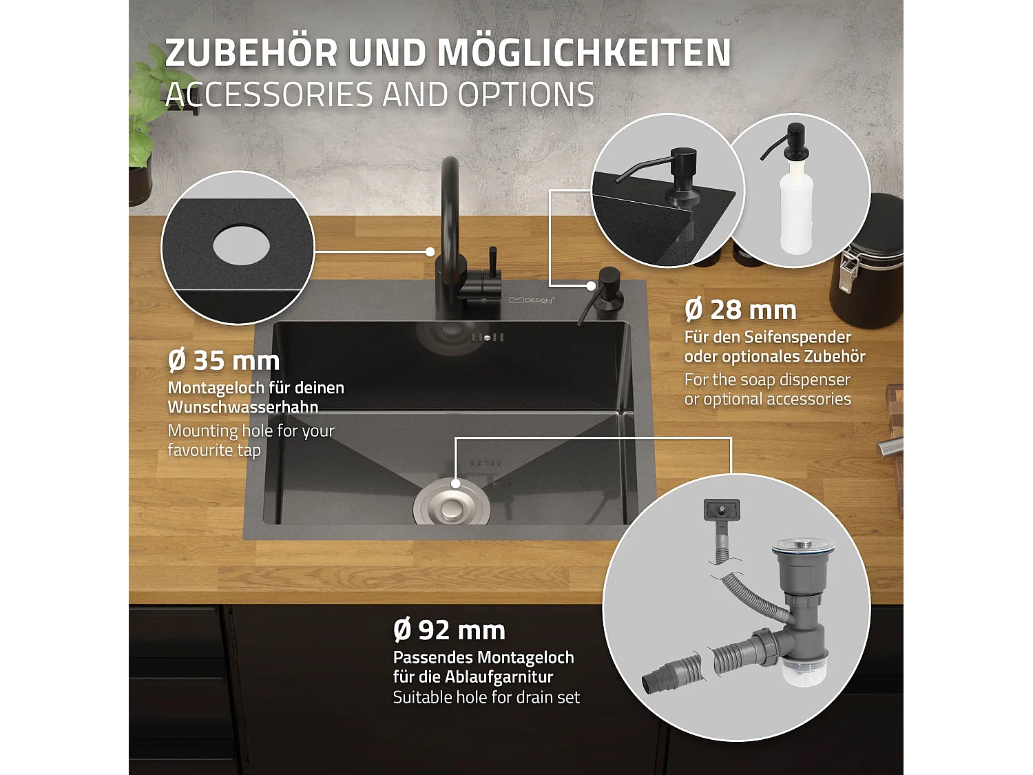 Lavello in acciaio antracite lavabo da incasso cucina dispenser sapone 55x45 cm