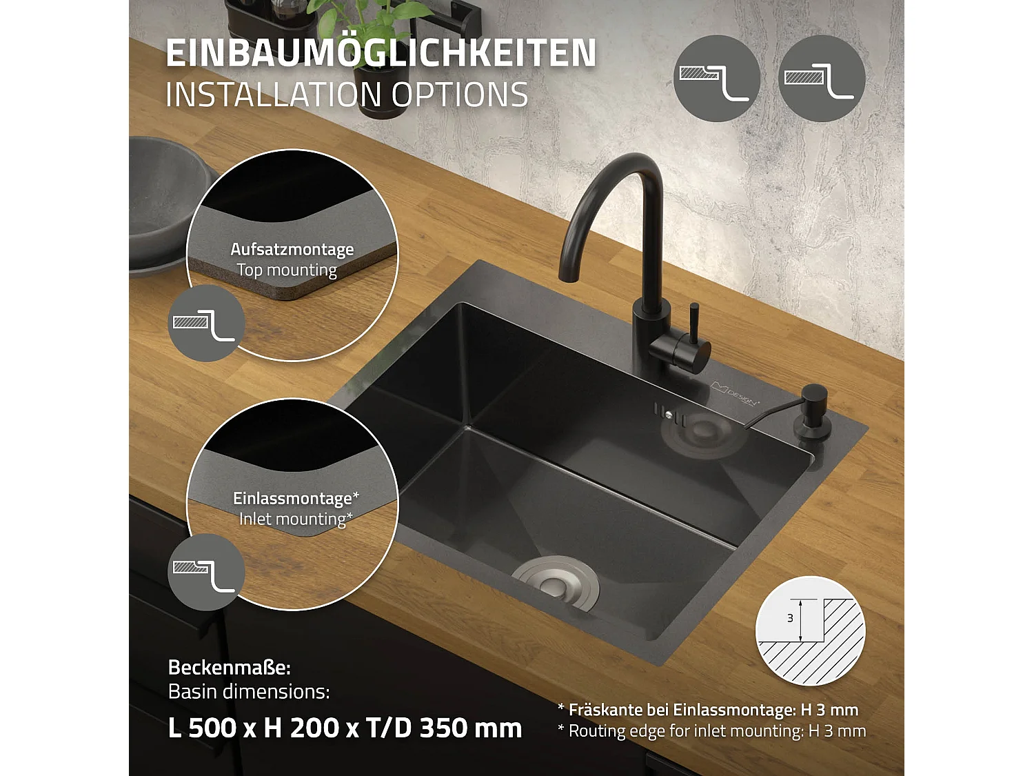 Lavello in acciaio antracite lavabo da incasso cucina dispenser sapone 55x45 cm