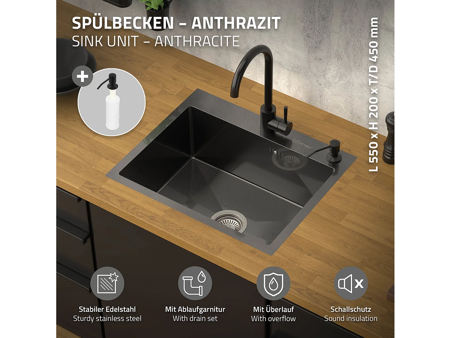 Évier de cuisine à encastrer acier anthracite 55x45 cm vidage+distributeur savon