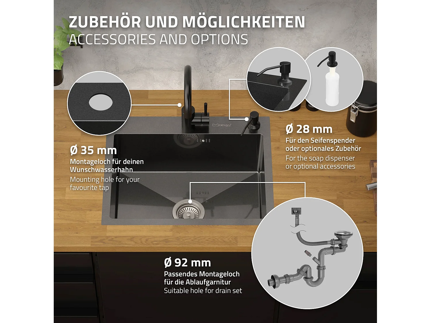 Évier de cuisine à encastrer acier anthracite 55x45 cm vidage+distributeur savon