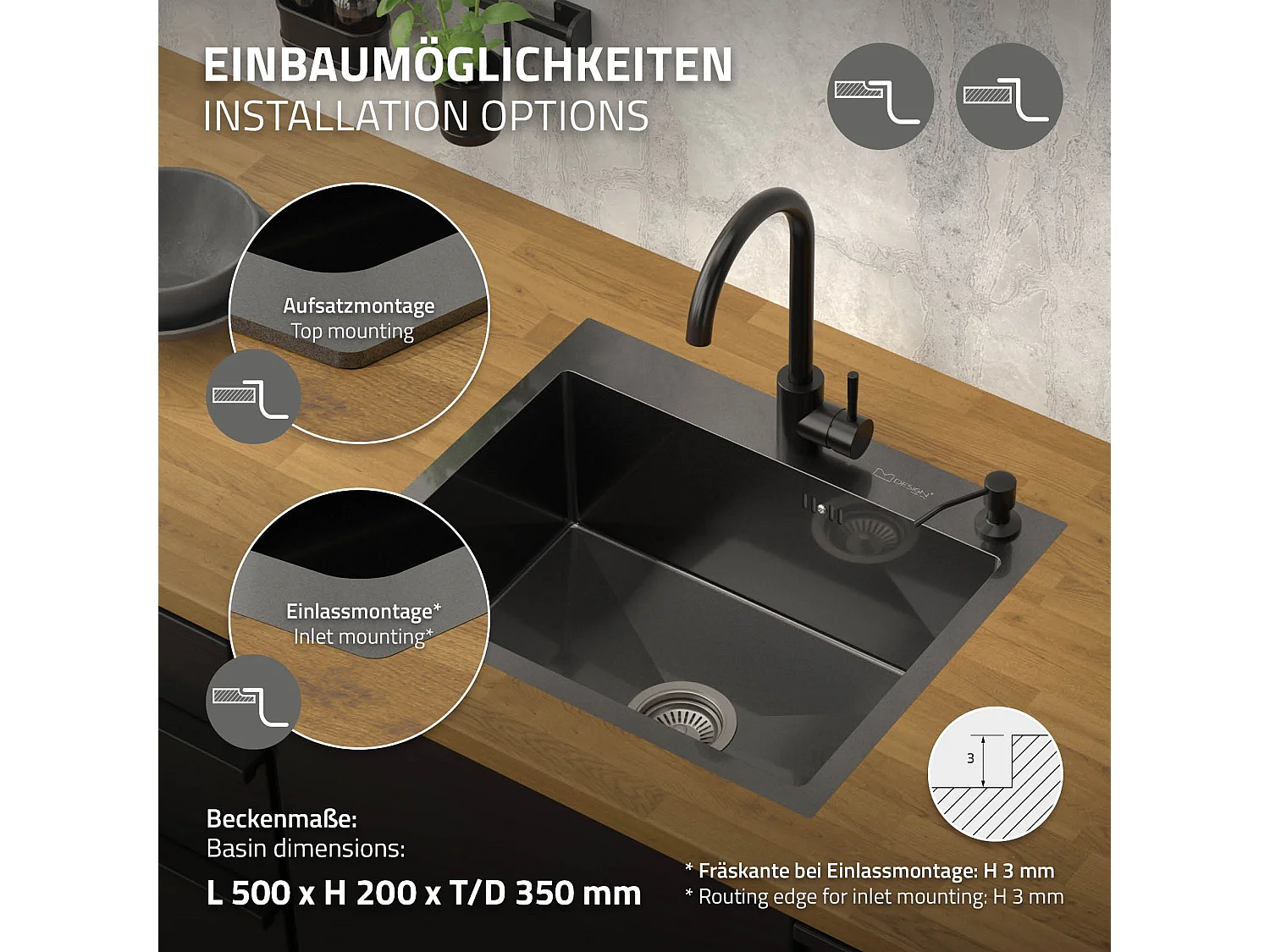 Évier de cuisine à encastrer acier anthracite 55x45 cm vidage+distributeur savon