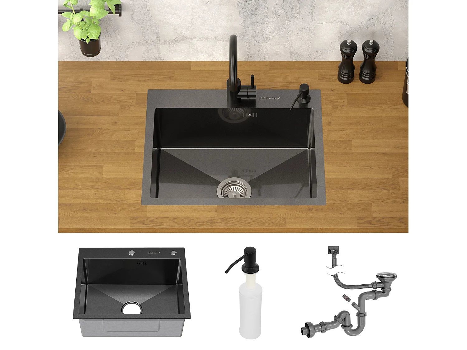 Évier de cuisine à encastrer acier anthracite 55x45 cm vidage+distributeur savon