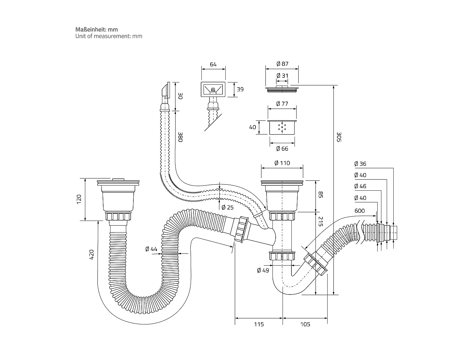Fregadero de cocina doble 81,5x40cm lavabo antracita acero con desagüe y sifón