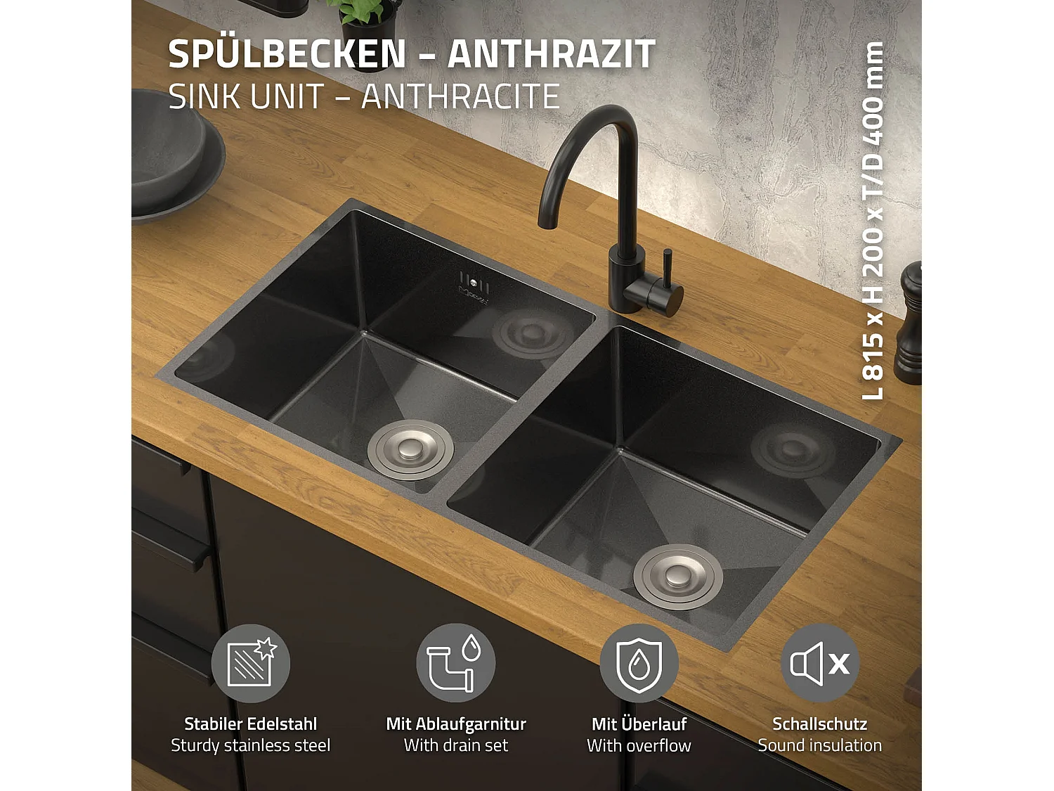 Fregadero de cocina doble 81,5x40cm lavabo antracita acero con desagüe y sifón