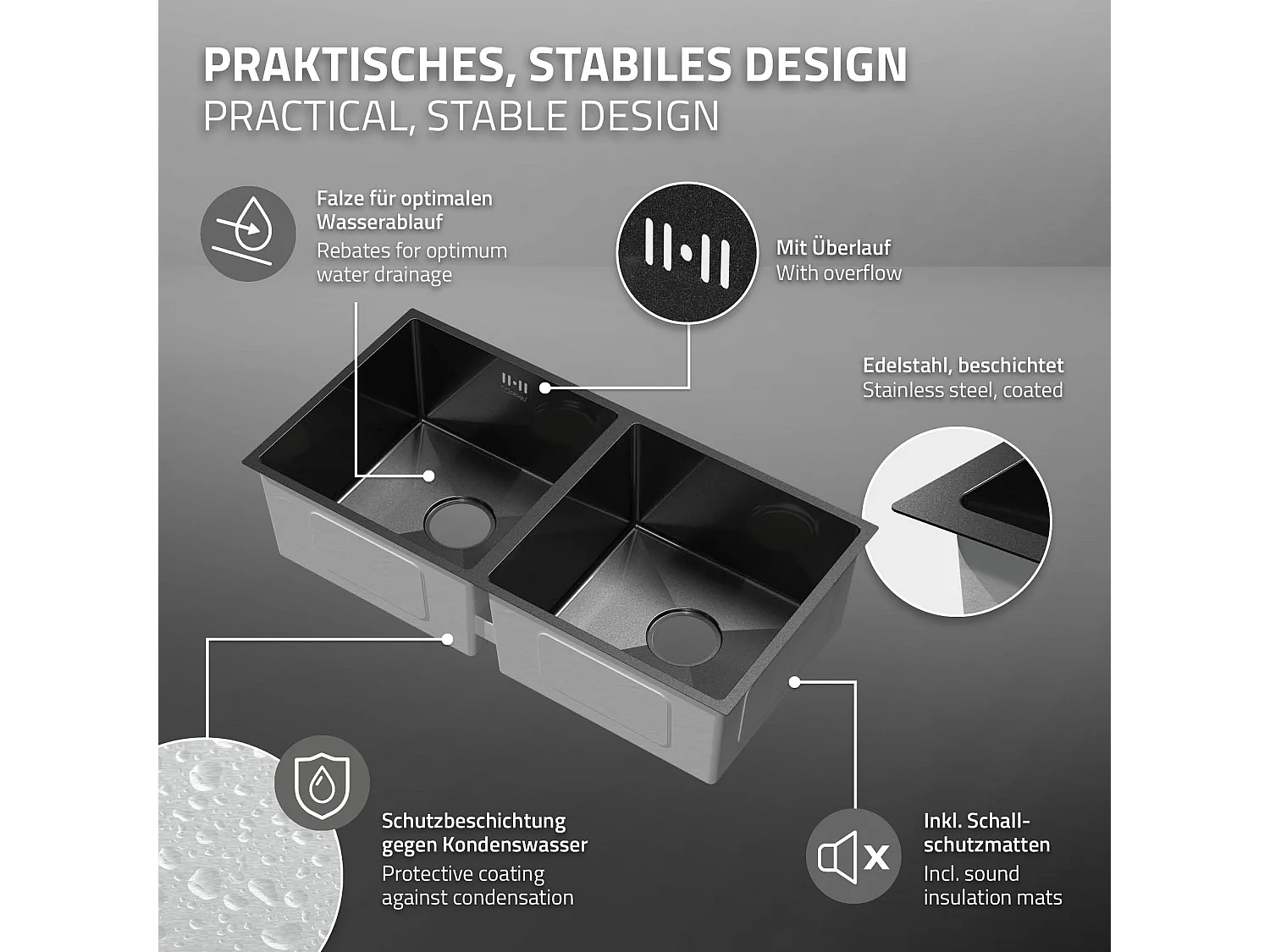 Fregadero de cocina doble 81,5x40cm lavabo antracita acero con desagüe y sifón