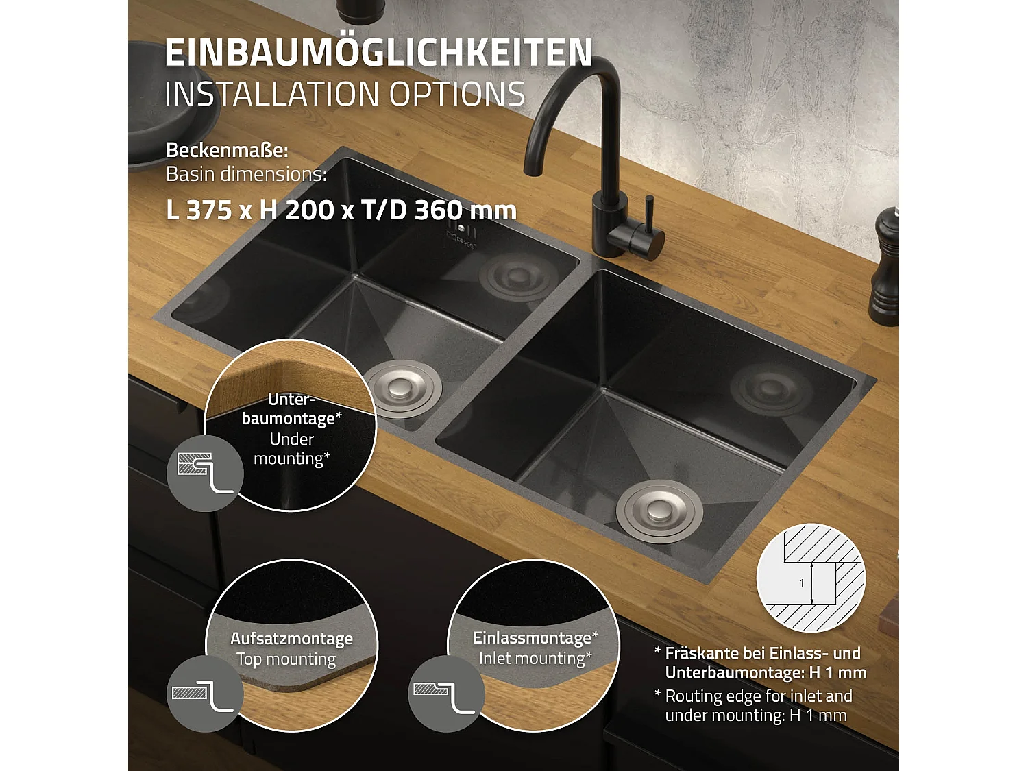 Fregadero de cocina doble 81,5x40cm lavabo antracita acero con desagüe y sifón