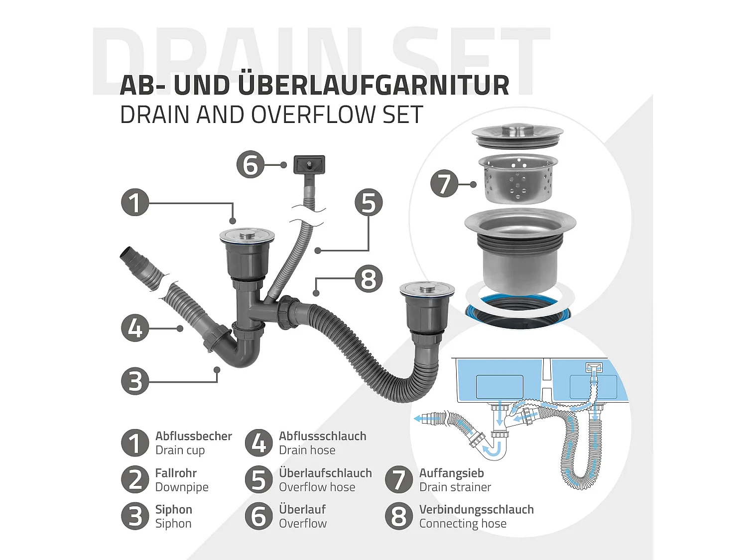 Fregadero de cocina doble 81,5x40cm lavabo antracita acero con desagüe y sifón