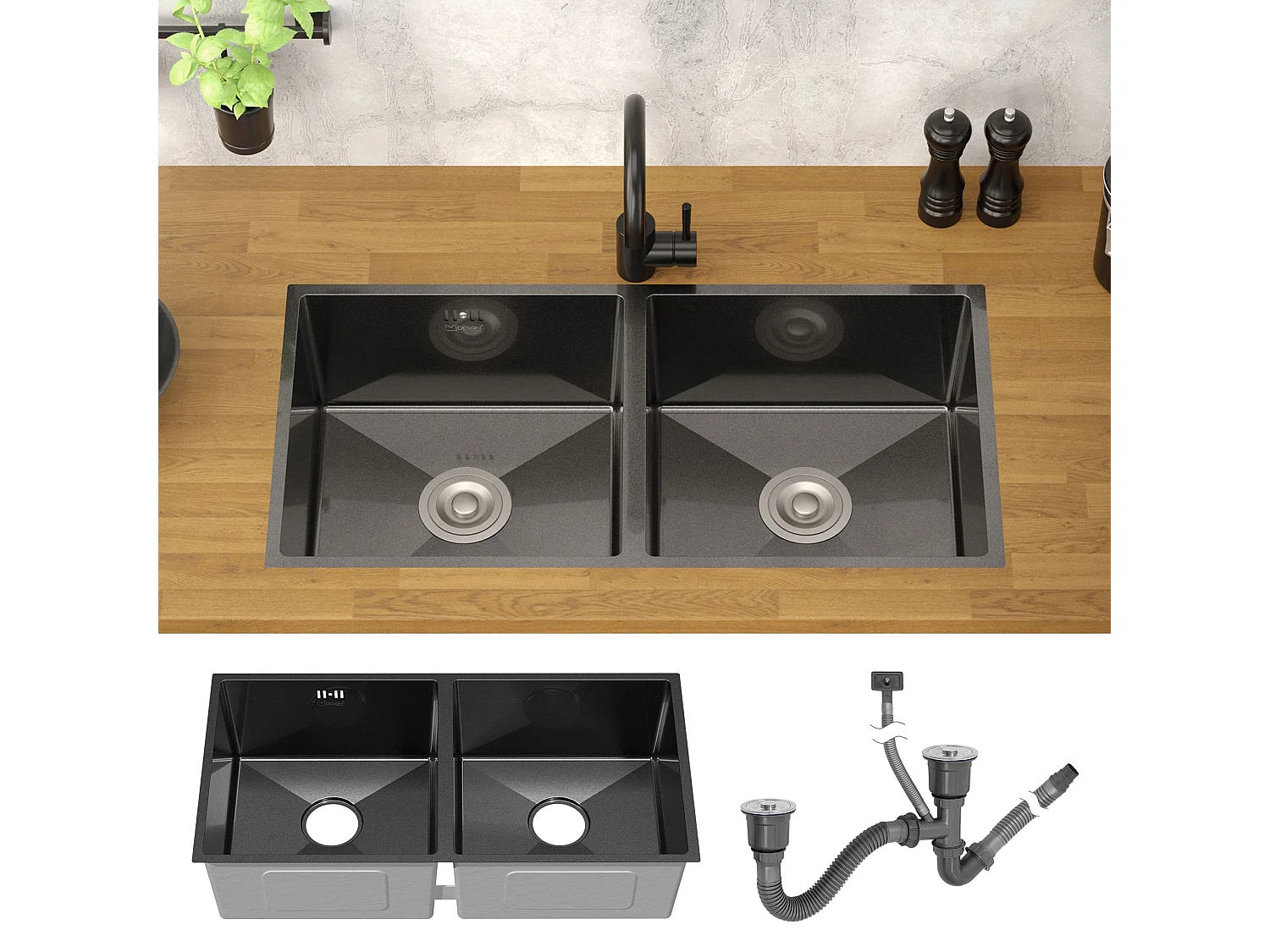 Fregadero de cocina doble 81,5x40cm lavabo antracita acero con desagüe y sifón