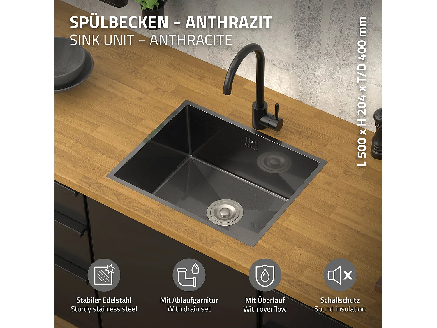 Évier de cuisine en acier inoxydable à encastrer anthracite avec vidage 50x40 cm