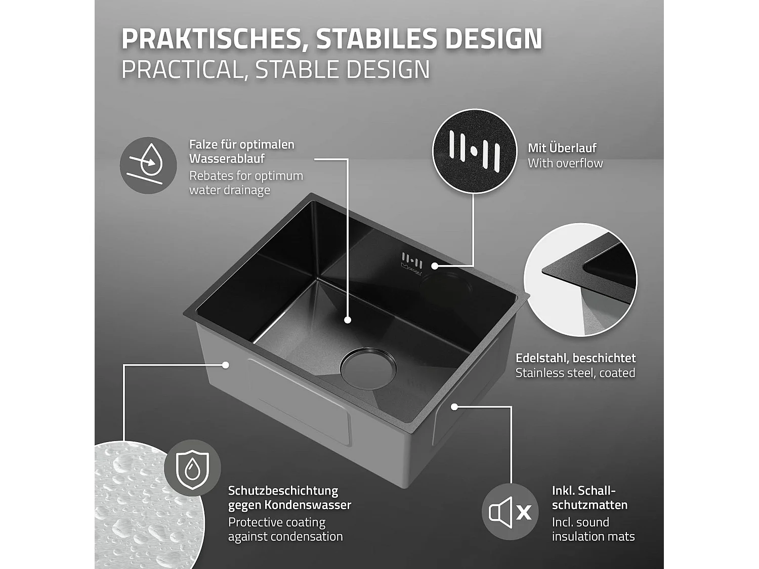 Évier de cuisine en acier inoxydable à encastrer anthracite avec vidage 50x40 cm