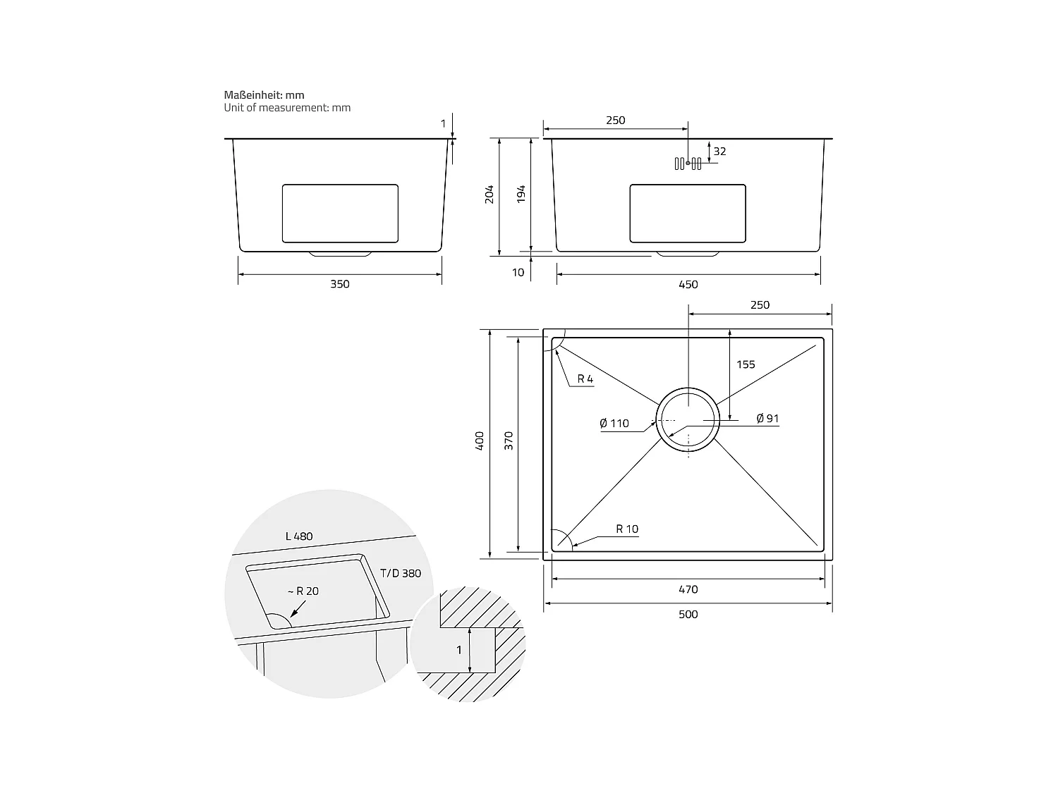 Évier de cuisine en acier inoxydable à encastrer anthracite avec vidage 50x40 cm