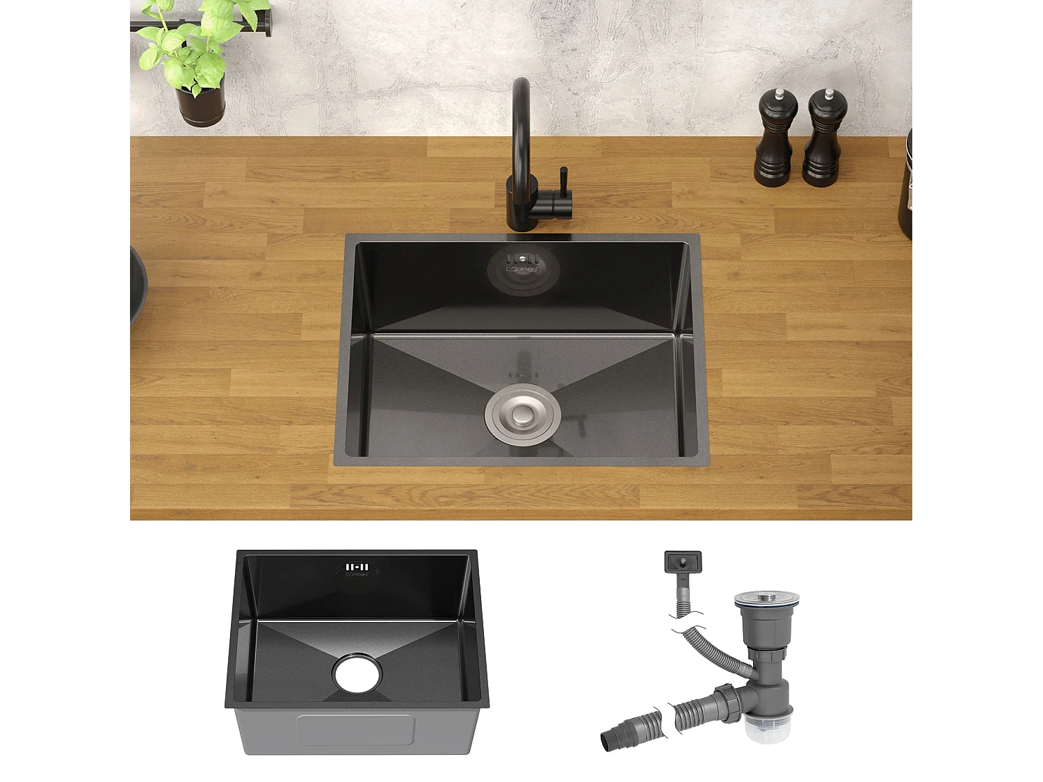 Évier de cuisine en acier inoxydable à encastrer anthracite avec vidage 50x40 cm