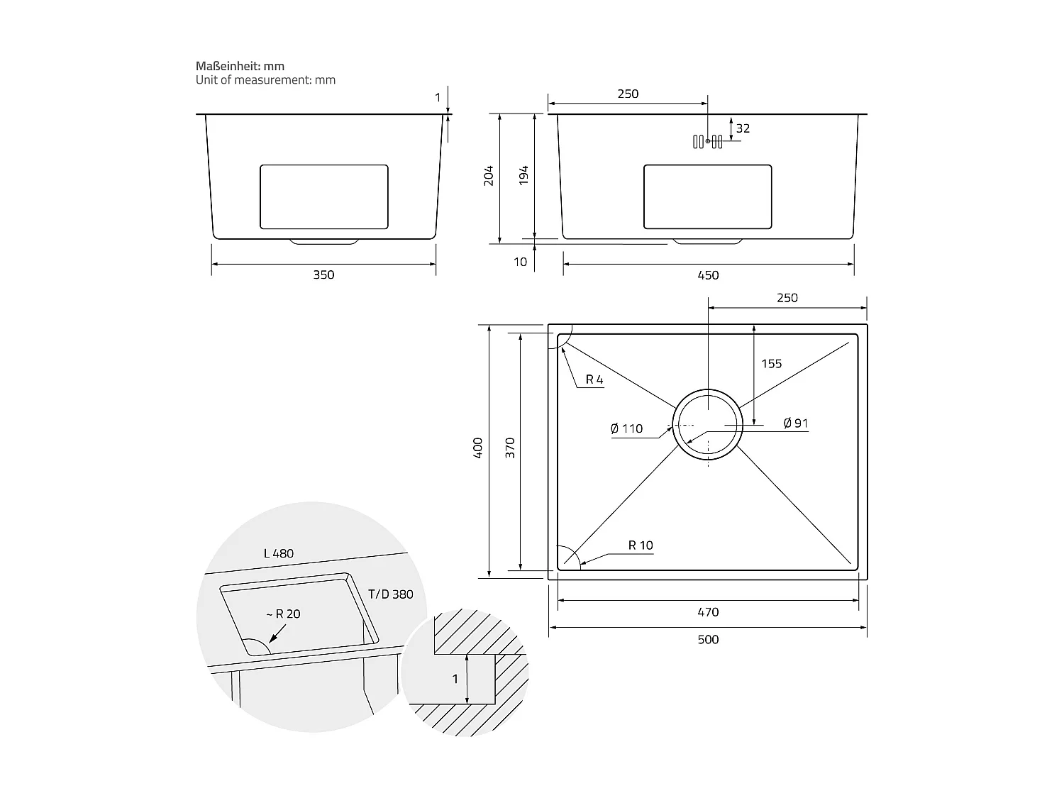 Fregadero de cocina de un seno 50x40cm antracita lavabo con desagüe y rebosadero