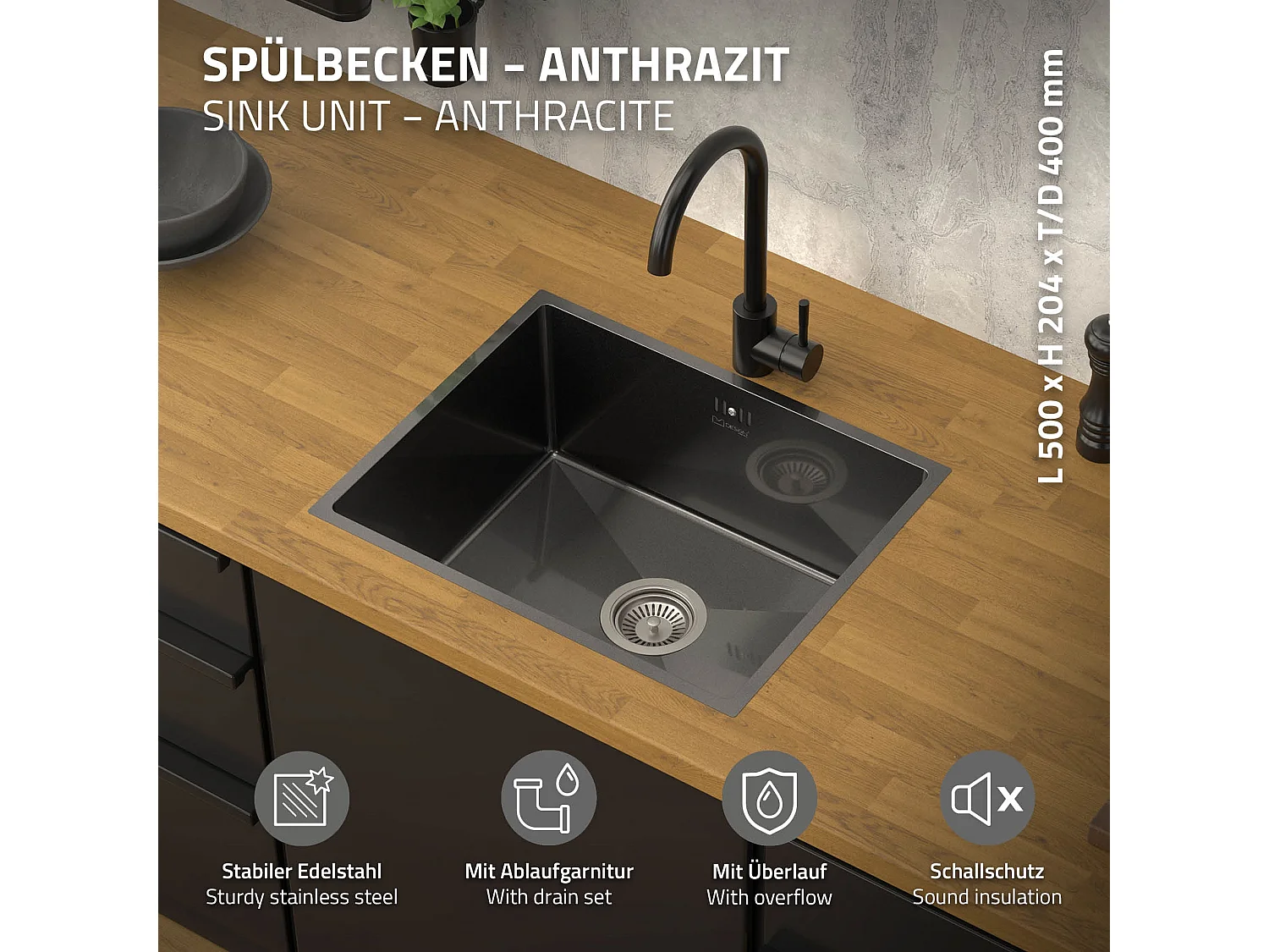 Lavello cucina acciaio antracite lavabo da incasso 50x40 cm vasca set di scarico