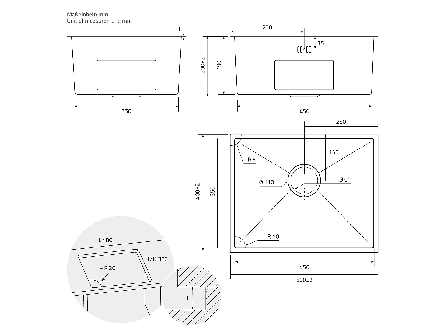 Lavello cucina acciaio antracite lavabo da incasso 50x40 cm vasca set di scarico