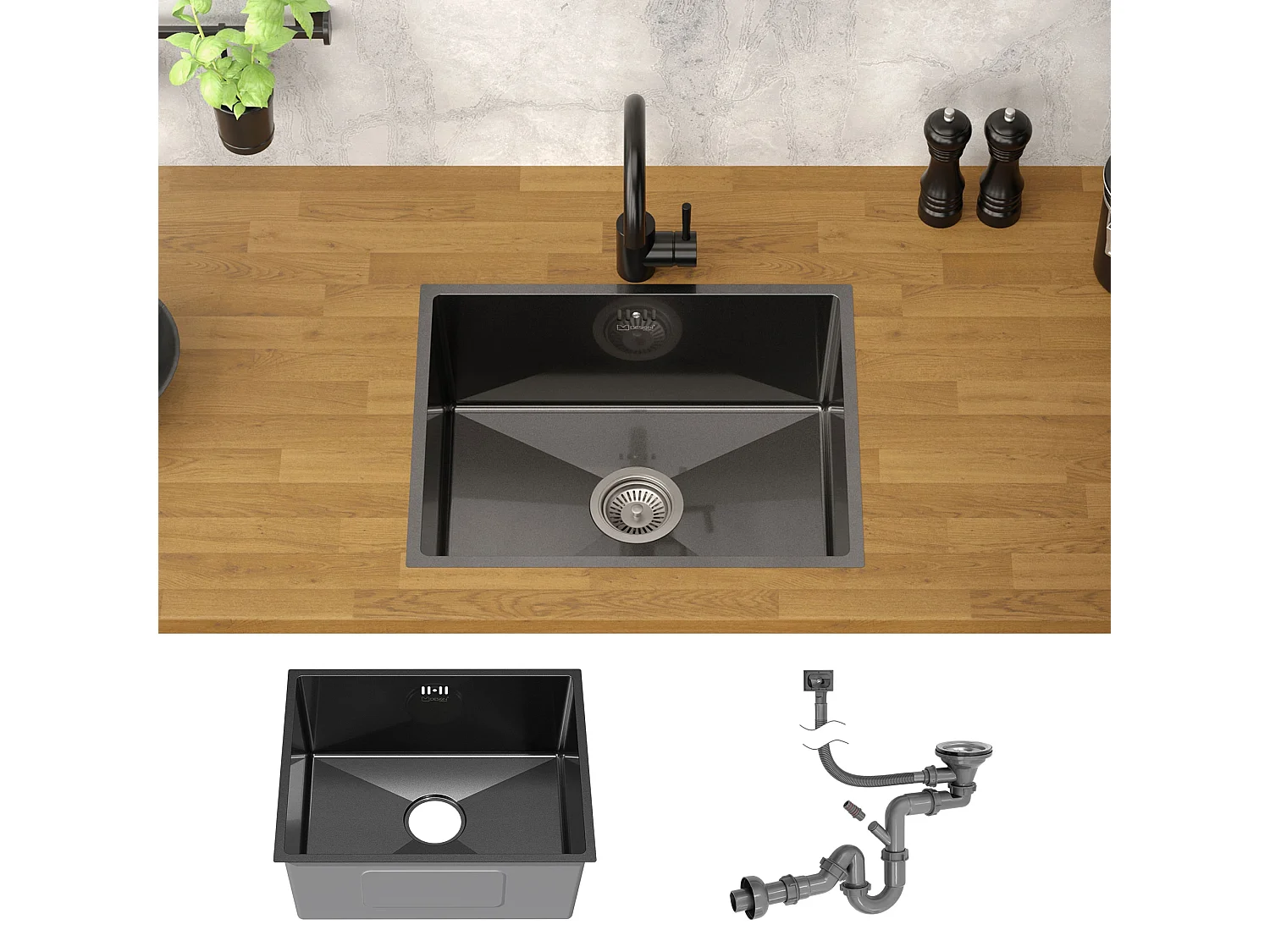 Lavello cucina acciaio antracite lavabo da incasso 50x40 cm vasca set di scarico
