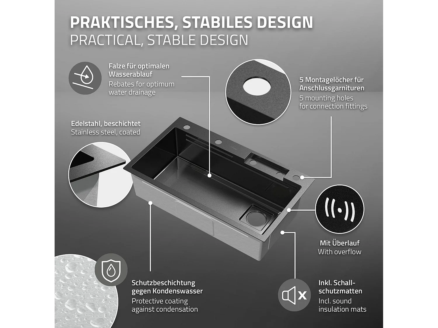 Évier de cuisine encasté multifonctions robinet douchette 80x46 cm anthracite