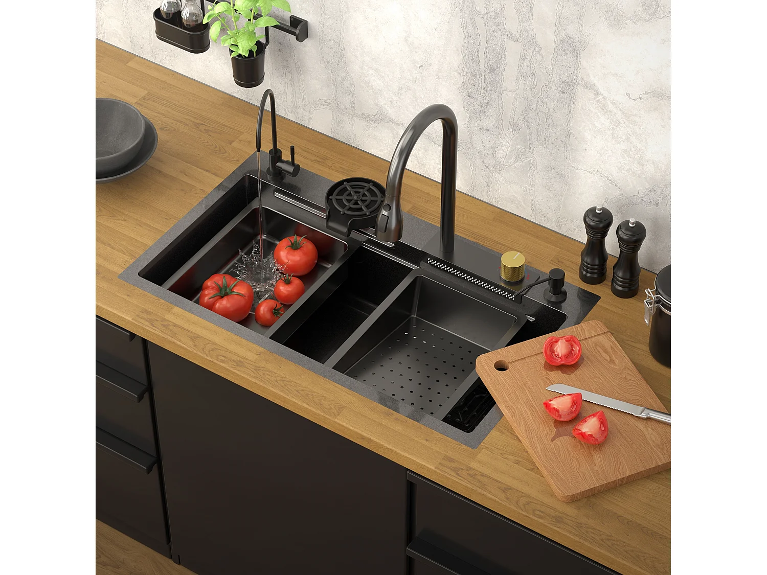 Évier de cuisine encasté multifonctions robinet douchette 80x46 cm anthracite